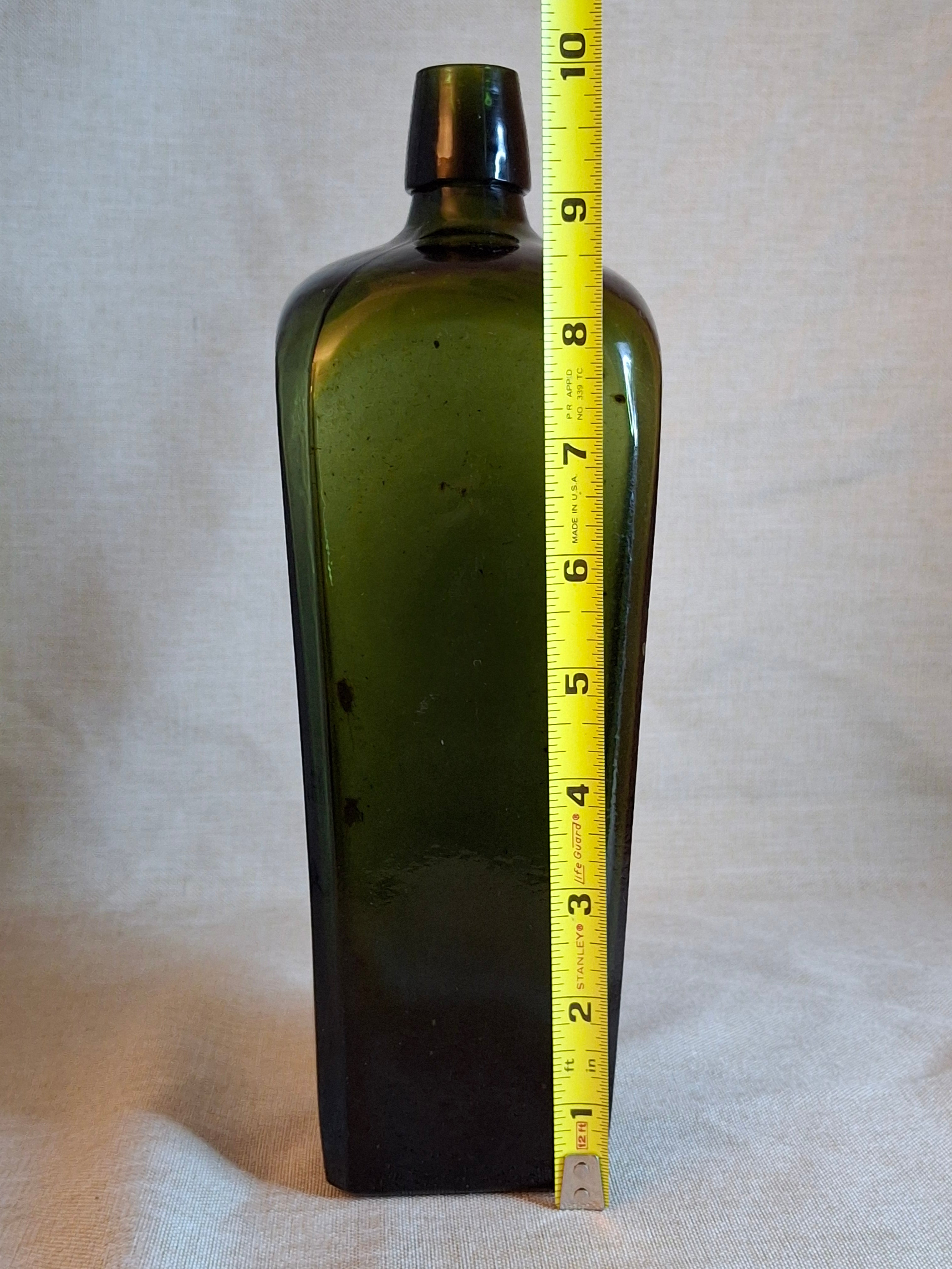 Antique Olive Green Case Gin Bottle, Tapered Square 19th Century Blown Glass 10"