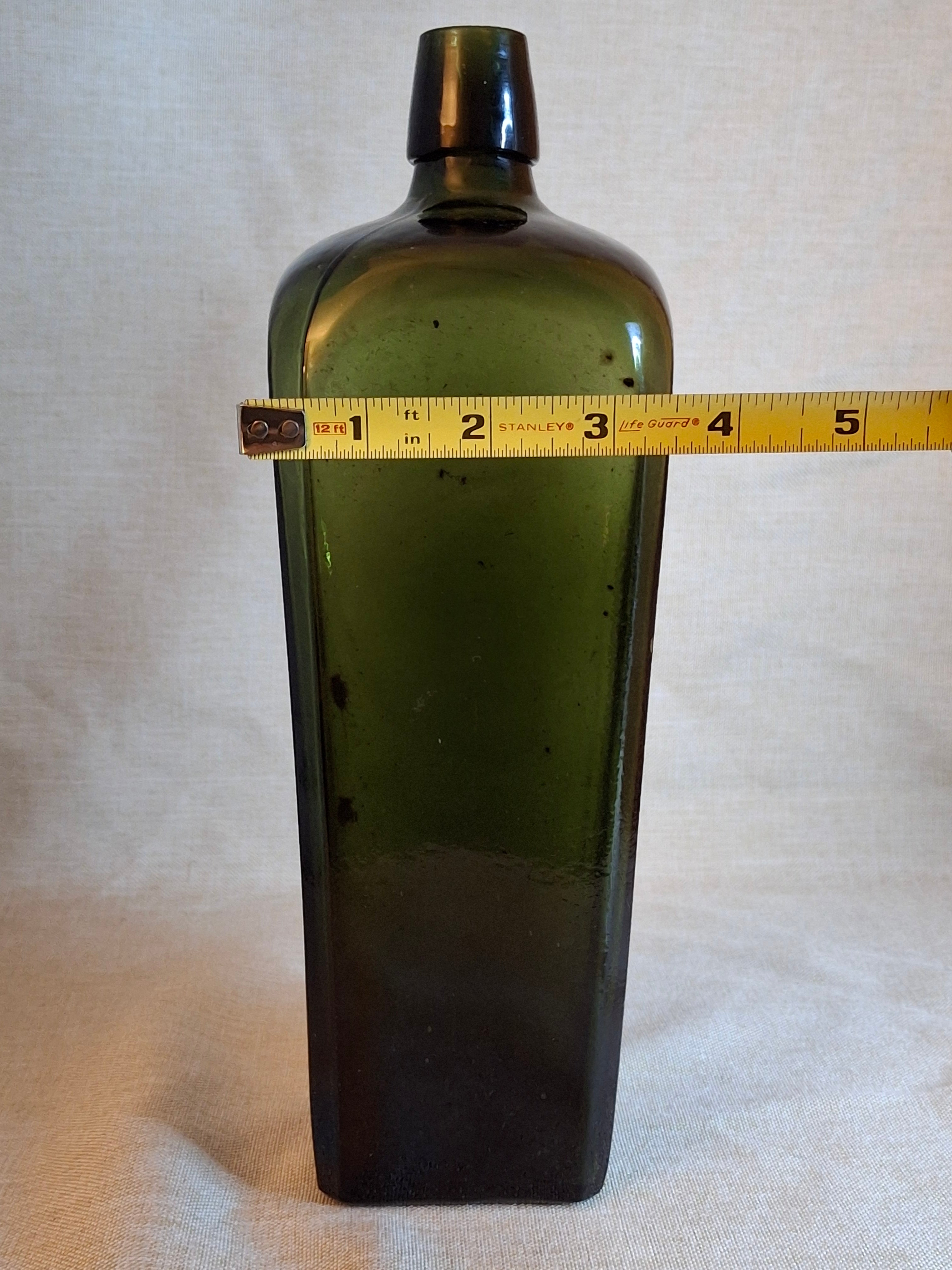 Antique Olive Green Case Gin Bottle, Tapered Square 19th Century Blown Glass 10"