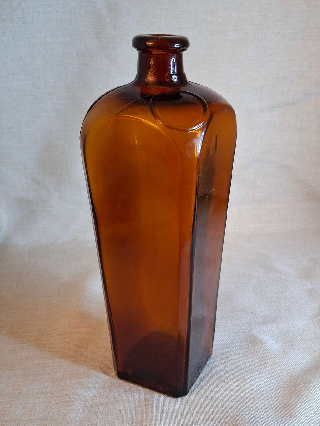 Rare Antique Amber Case Gin Bottle - 19th Century Tapered Square Spirits w/ Embossed Label Plate - Hand-Blown, Excellent Clarity