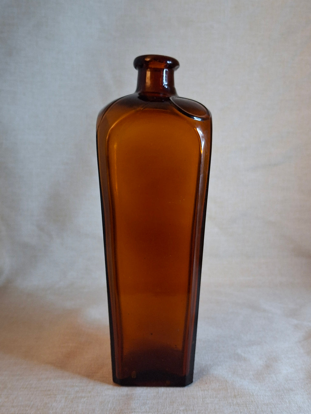 Rare Antique Amber Case Gin Bottle - 19th Century Tapered Square Spirits w/ Embossed Label Plate - Hand-Blown, Excellent Clarity