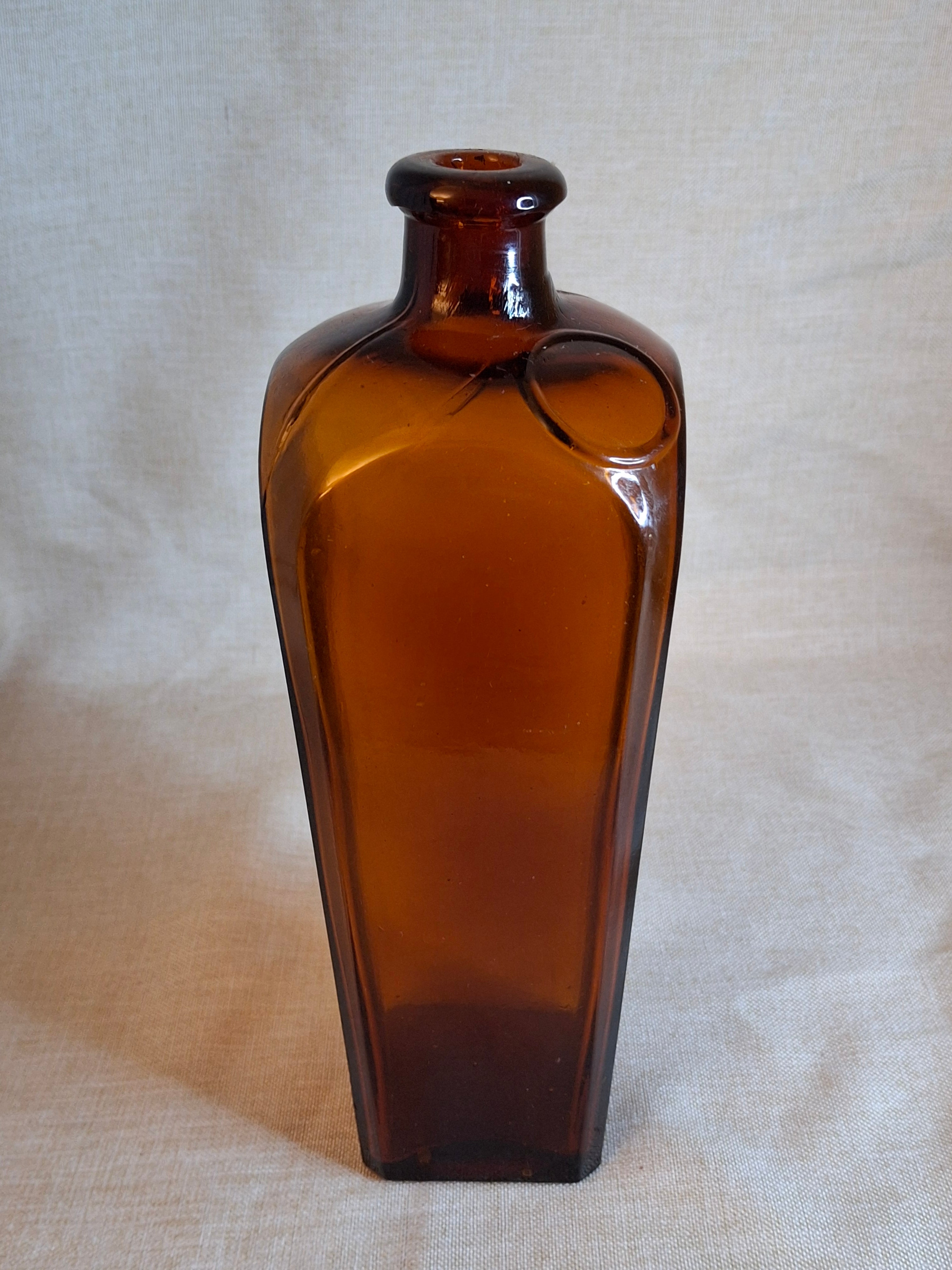 Rare Antique Amber Case Gin Bottle - 19th Century Tapered Square Spirits w/ Embossed Label Plate - Hand-Blown, Excellent Clarity
