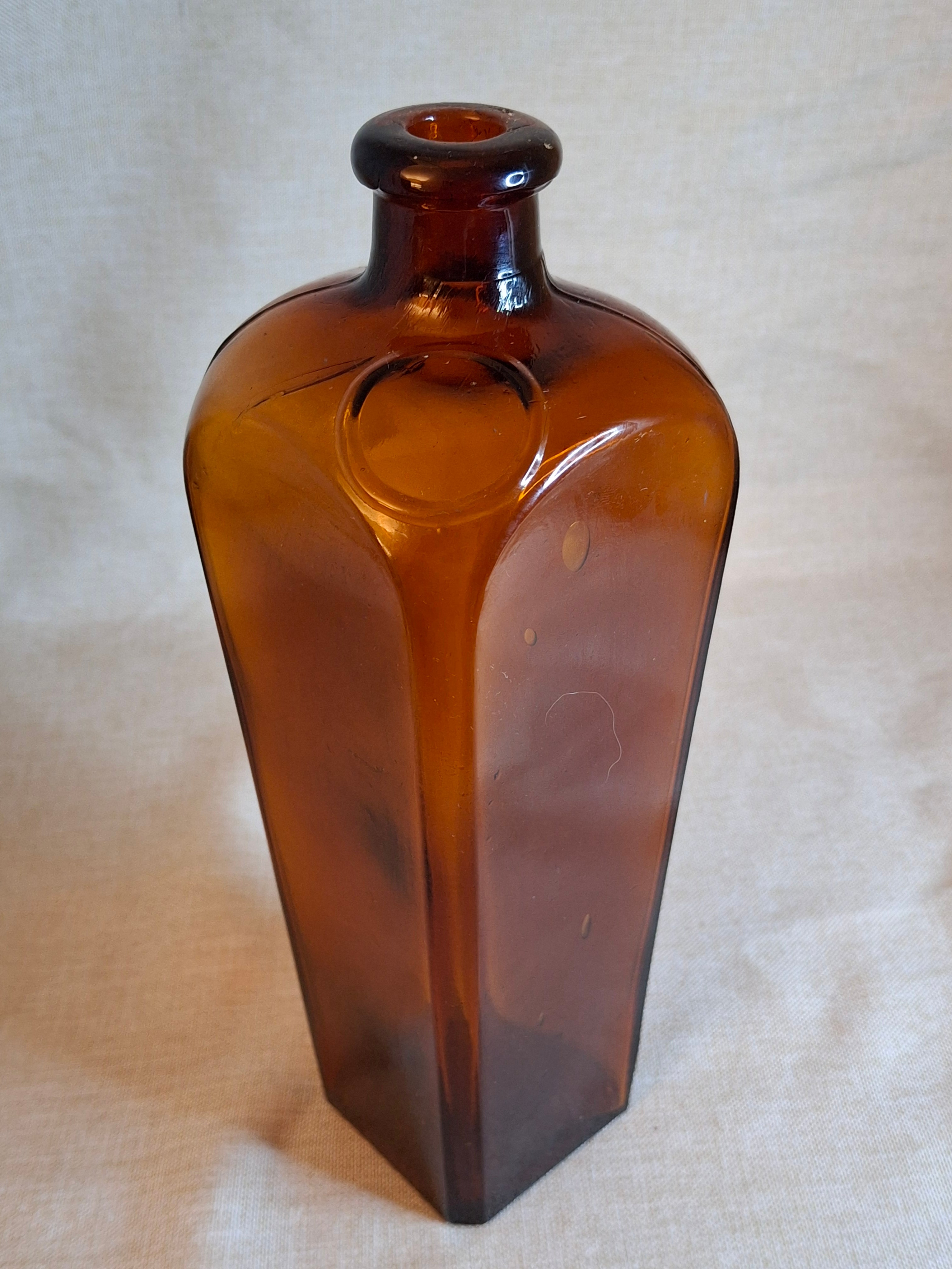 Rare Antique Amber Case Gin Bottle - 19th Century Tapered Square Spirits w/ Embossed Label Plate - Hand-Blown, Excellent Clarity
