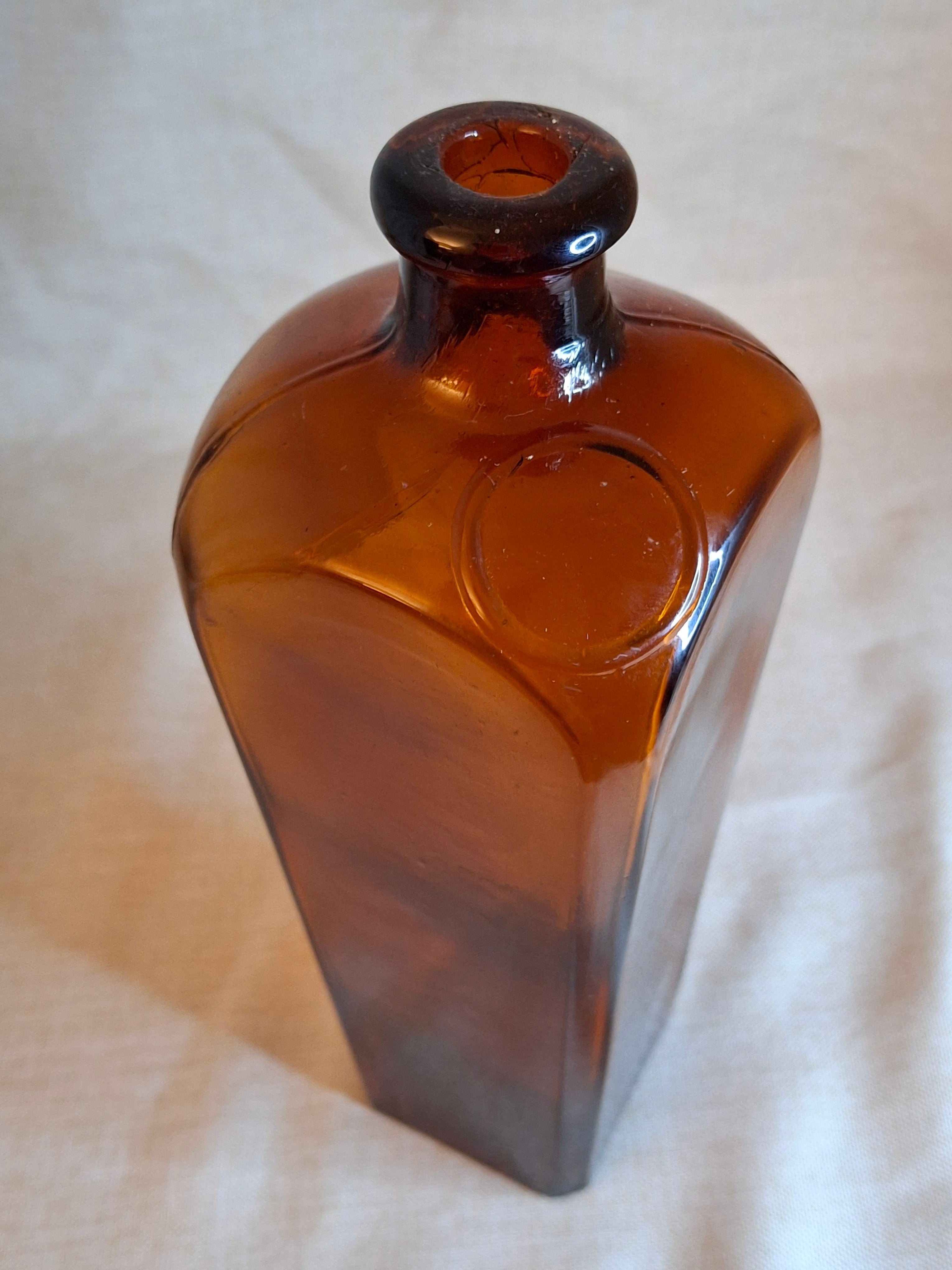 Rare Antique Amber Case Gin Bottle - 19th Century Tapered Square Spirits w/ Embossed Label Plate - Hand-Blown, Excellent Clarity