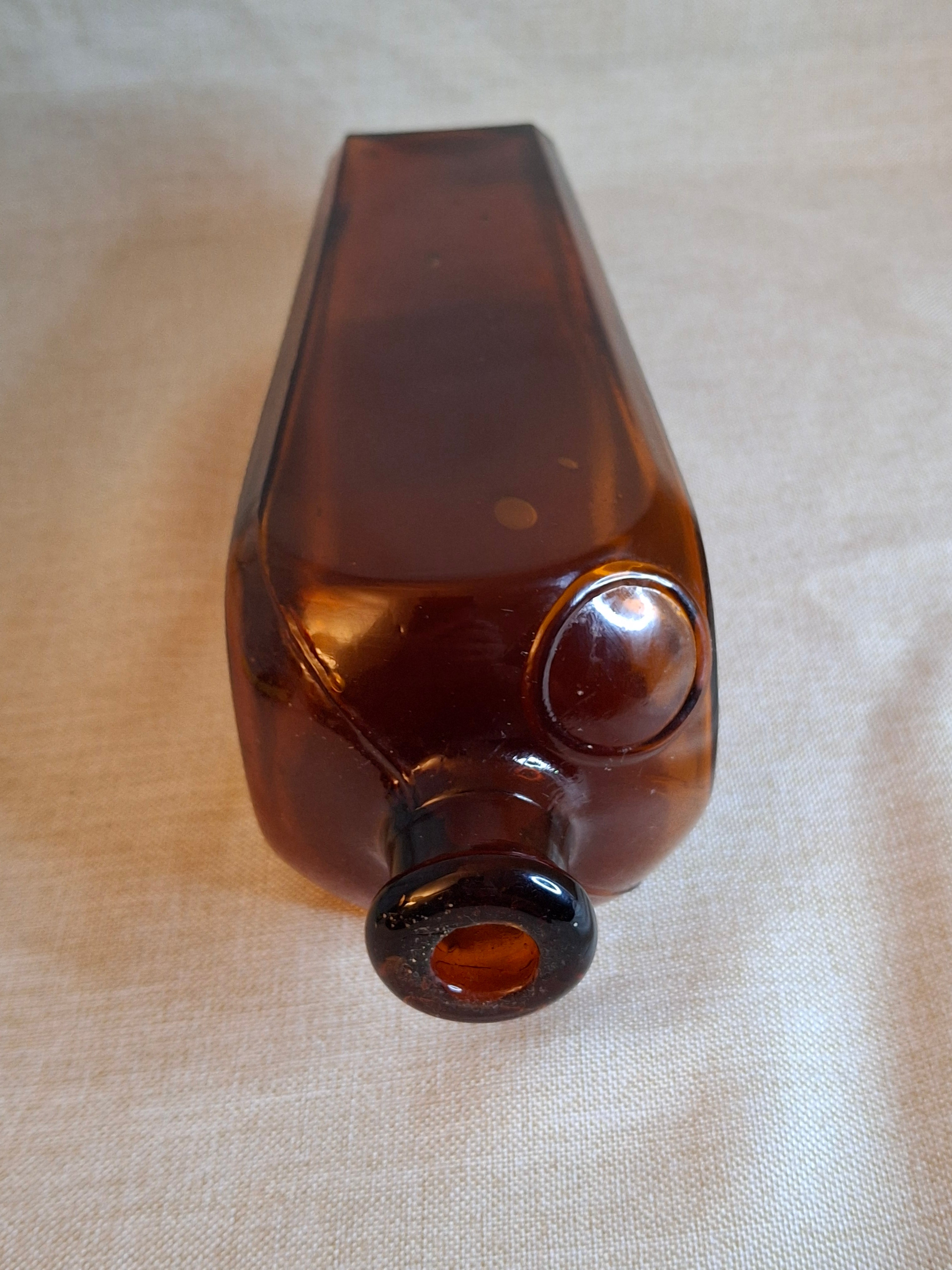 Rare Antique Amber Case Gin Bottle - 19th Century Tapered Square Spirits w/ Embossed Label Plate - Hand-Blown, Excellent Clarity