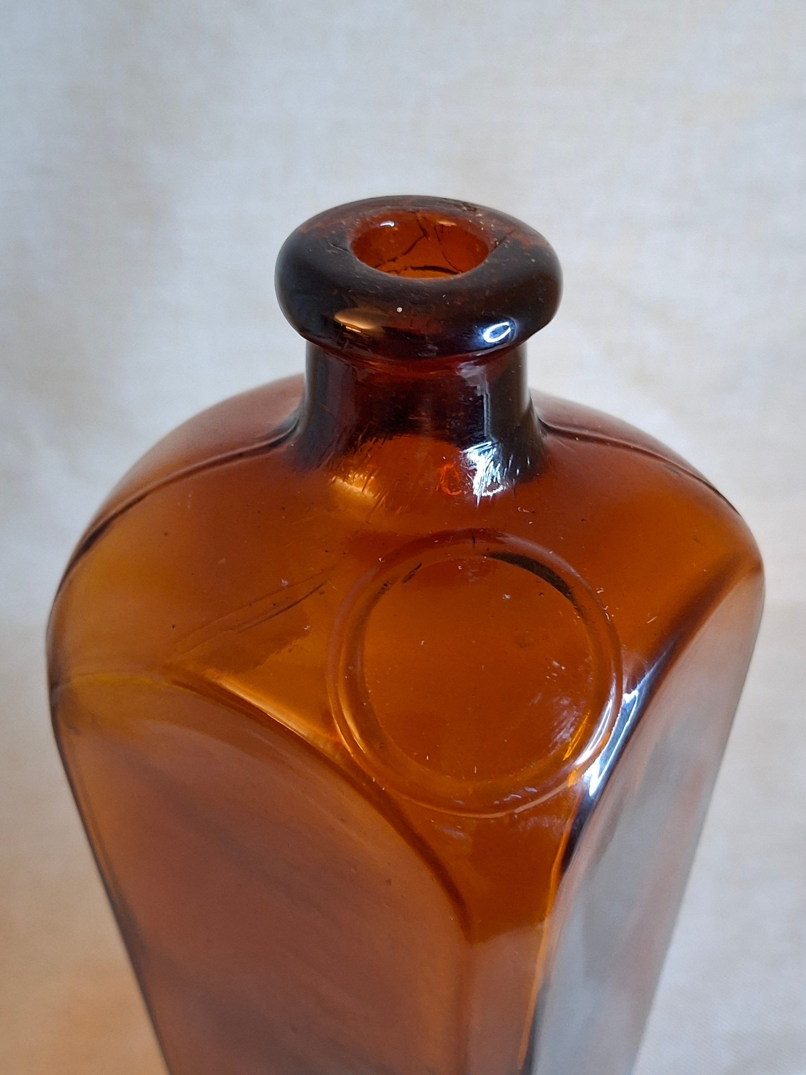 Rare Antique Amber Case Gin Bottle - 19th Century Tapered Square Spirits w/ Embossed Label Plate - Hand-Blown, Excellent Clarity