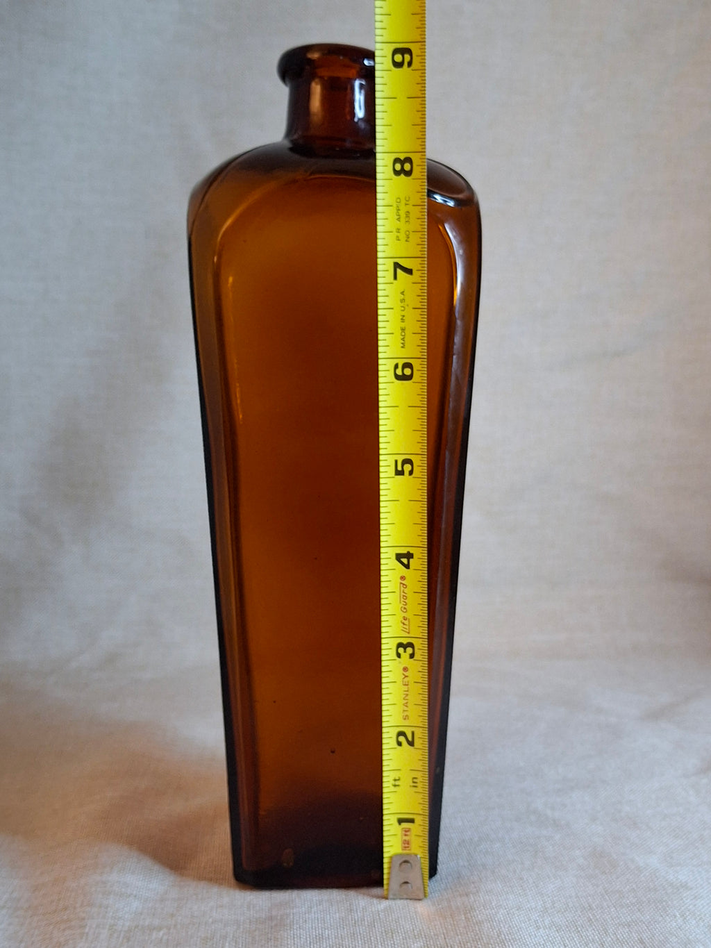 Rare Antique Amber Case Gin Bottle - 19th Century Tapered Square Spirits w/ Embossed Label Plate - Hand-Blown, Excellent Clarity
