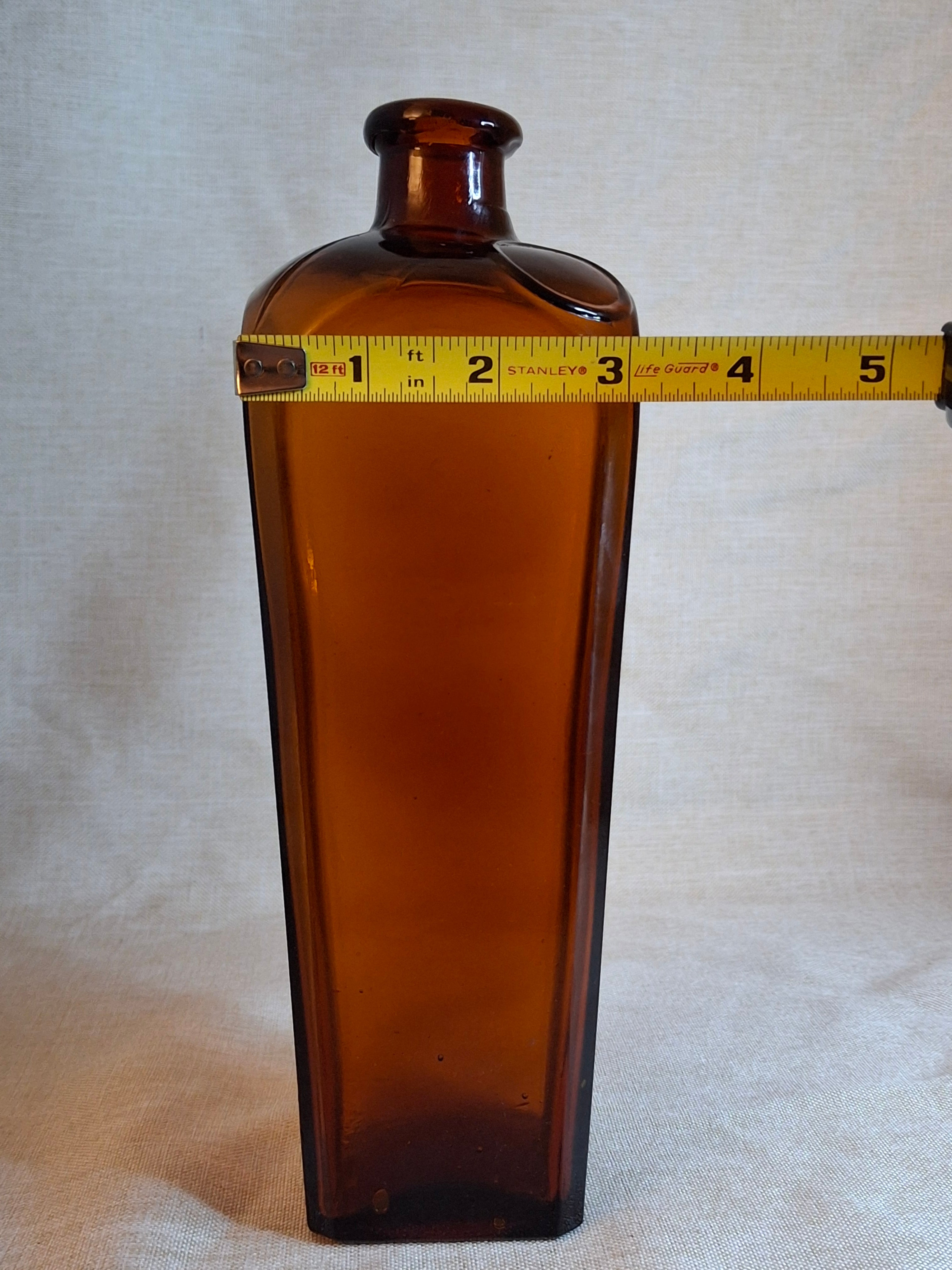 Rare Antique Amber Case Gin Bottle - 19th Century Tapered Square Spirits w/ Embossed Label Plate - Hand-Blown, Excellent Clarity