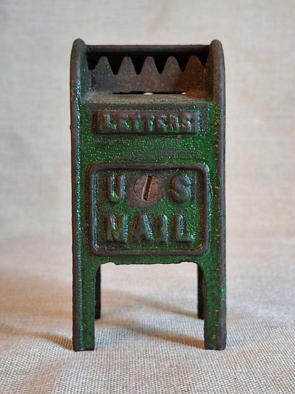 Antique Cast Iron U.S. Mail Box Still Bank Green Paint Tooth Slot A.C. Williams