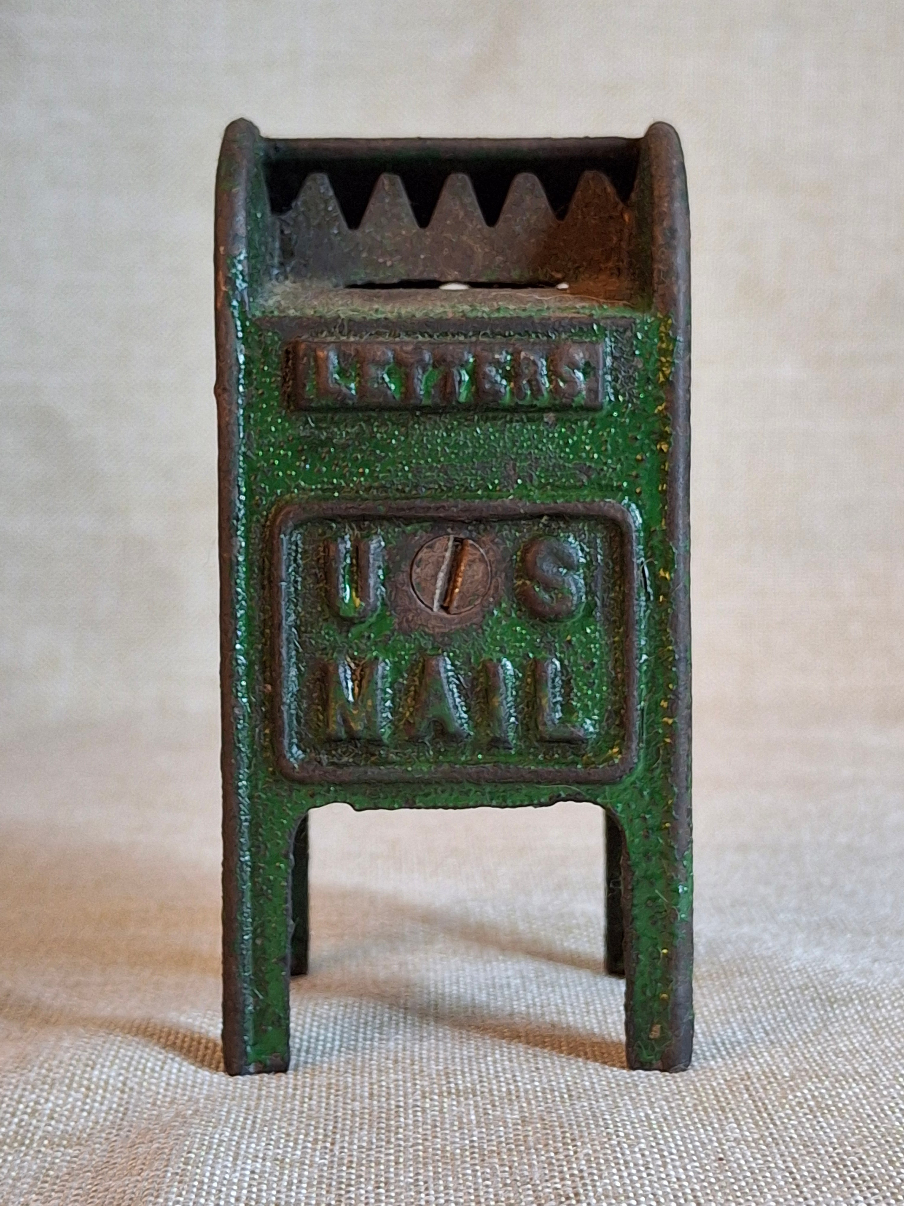Antique Cast Iron U.S. Mail Box Still Bank Green Paint Tooth Slot A.C. Williams