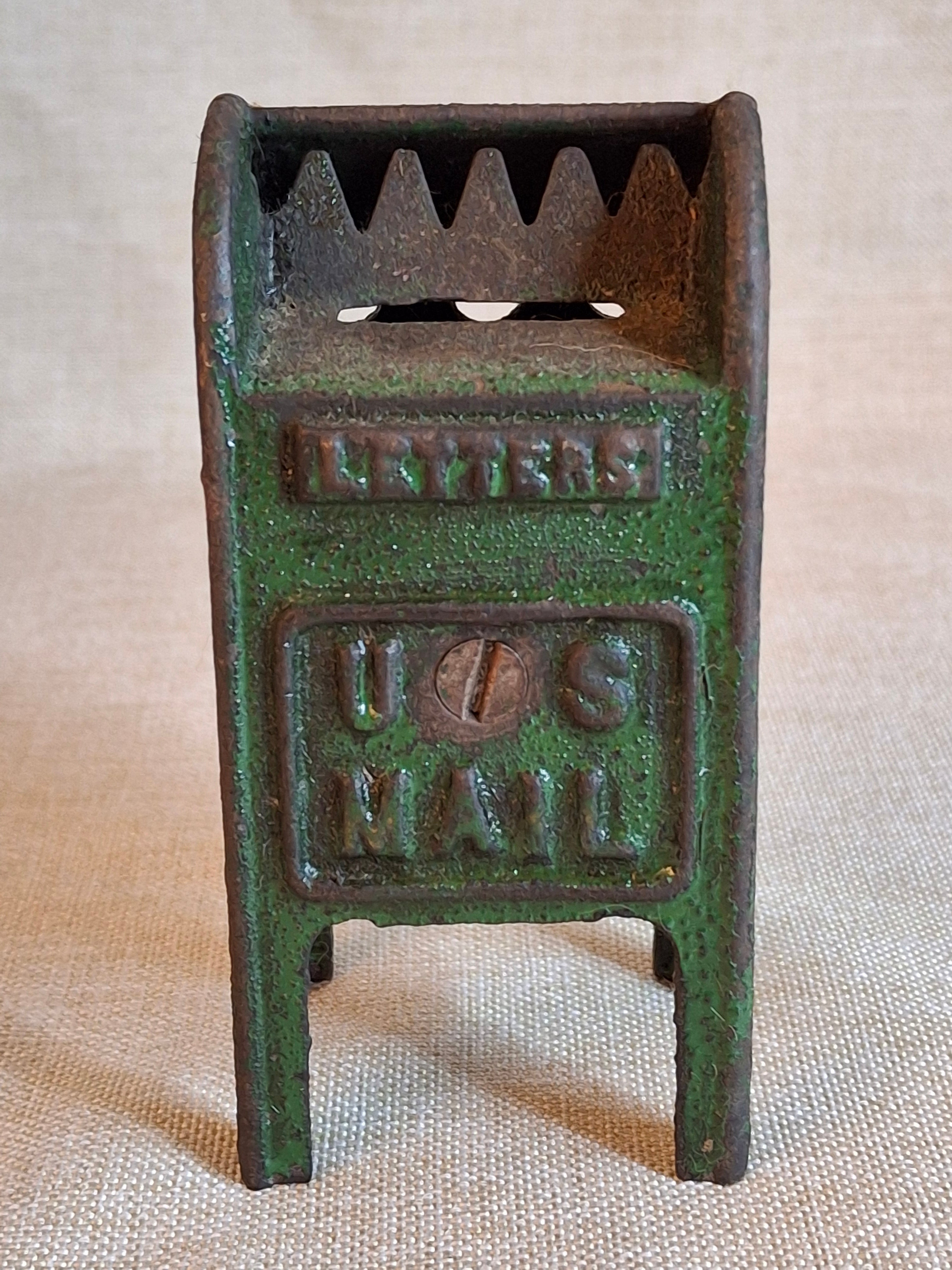 Antique Cast Iron U.S. Mail Box Still Bank Green Paint Tooth Slot A.C. Williams