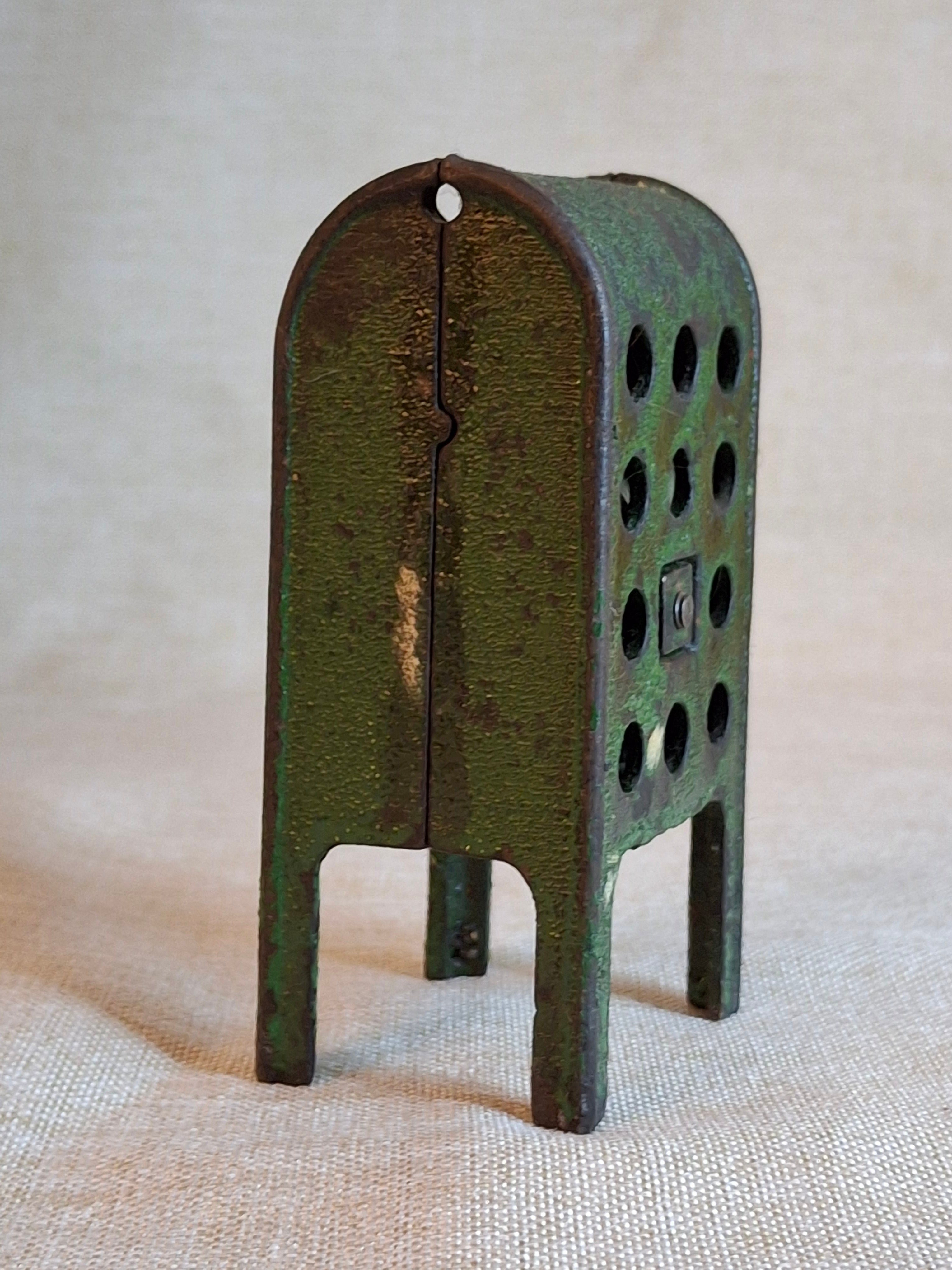 Antique Cast Iron U.S. Mail Box Still Bank Green Paint Tooth Slot A.C. Williams