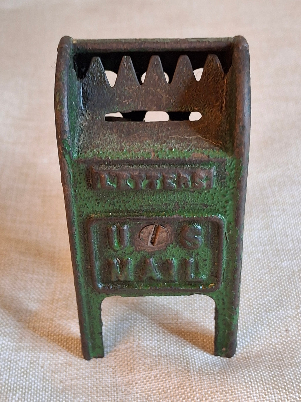 Antique Cast Iron U.S. Mail Box Still Bank Green Paint Tooth Slot A.C. Williams