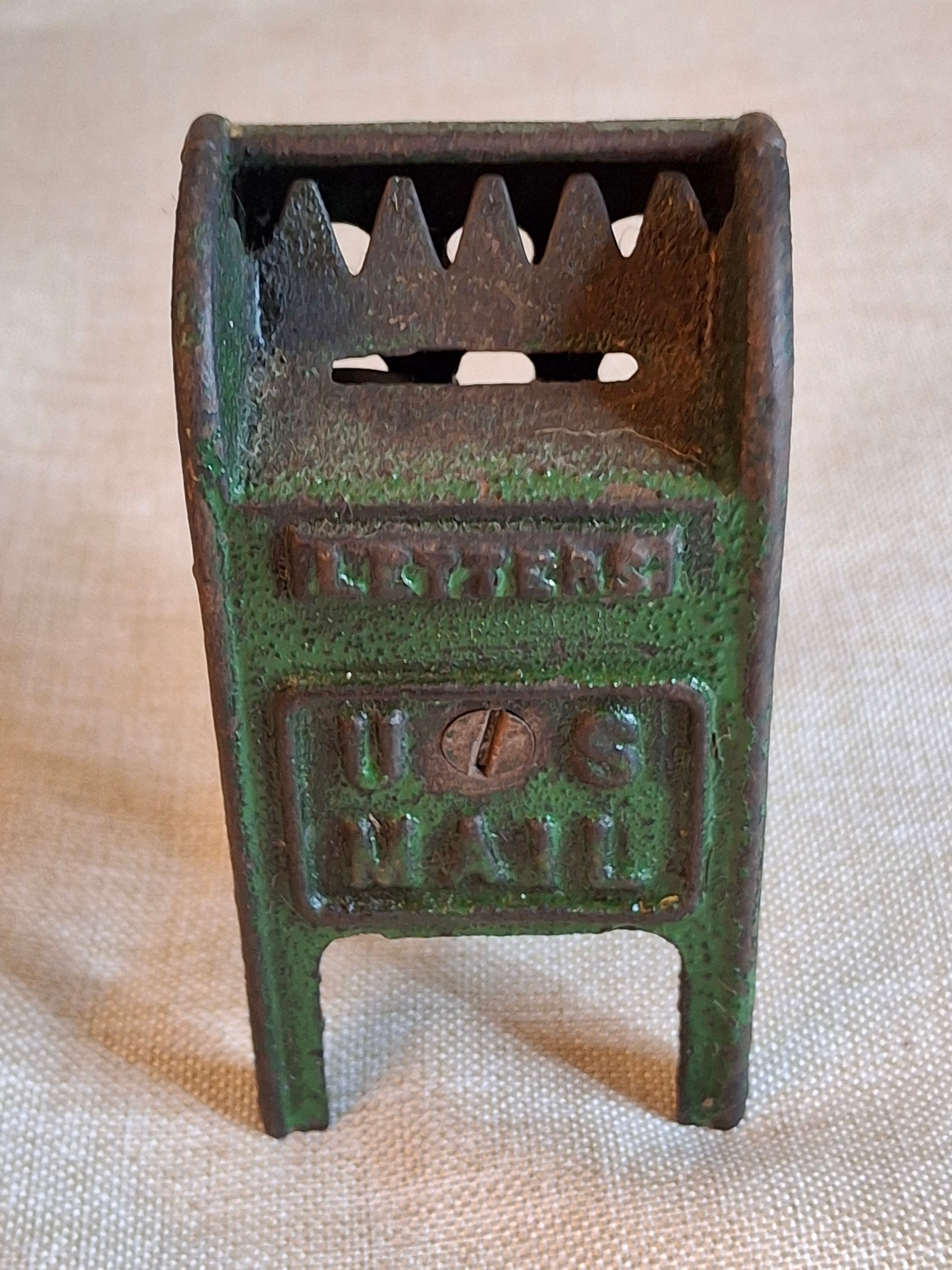Antique Cast Iron U.S. Mail Box Still Bank Green Paint Tooth Slot A.C. Williams
