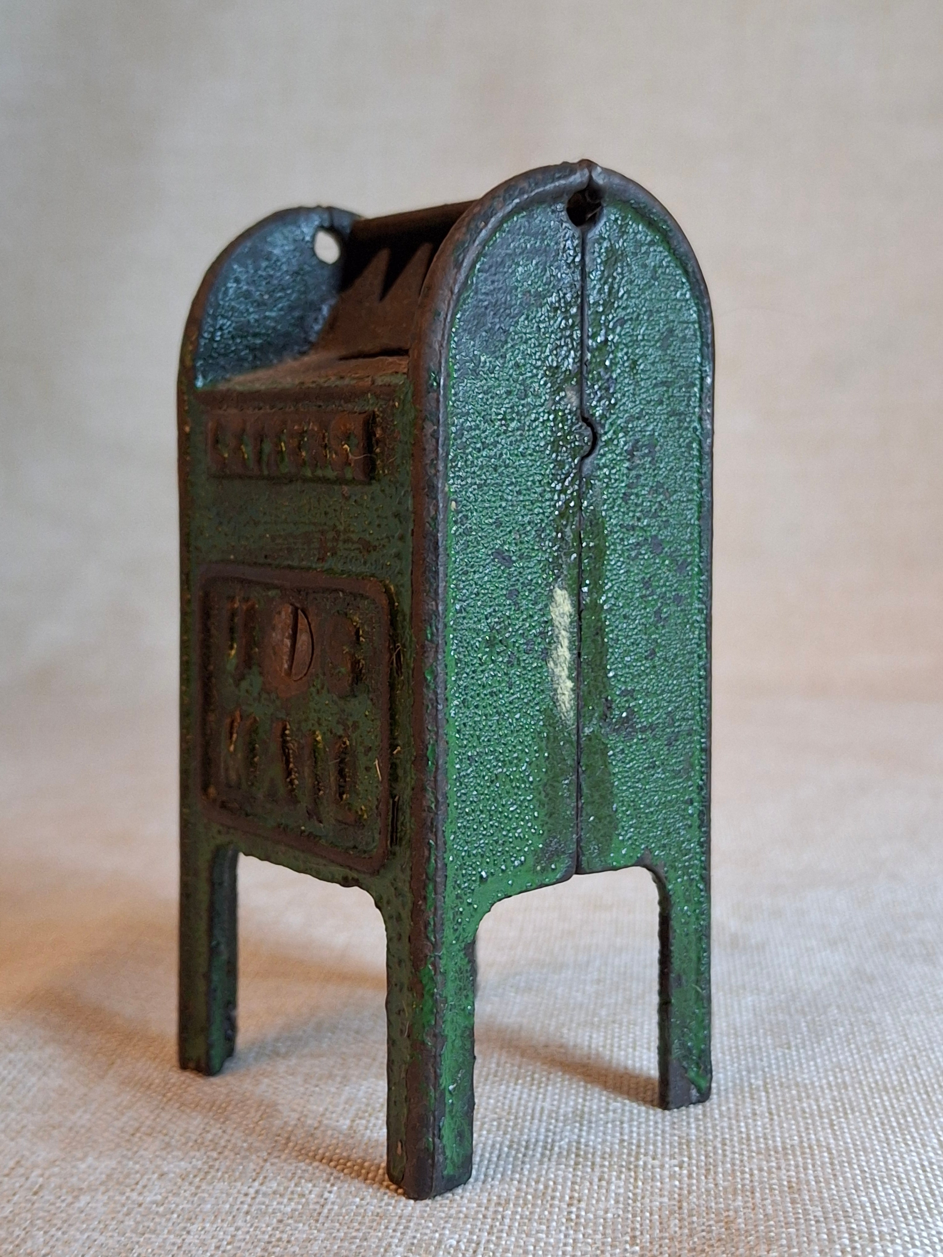 Antique Cast Iron U.S. Mail Box Still Bank Green Paint Tooth Slot A.C. Williams