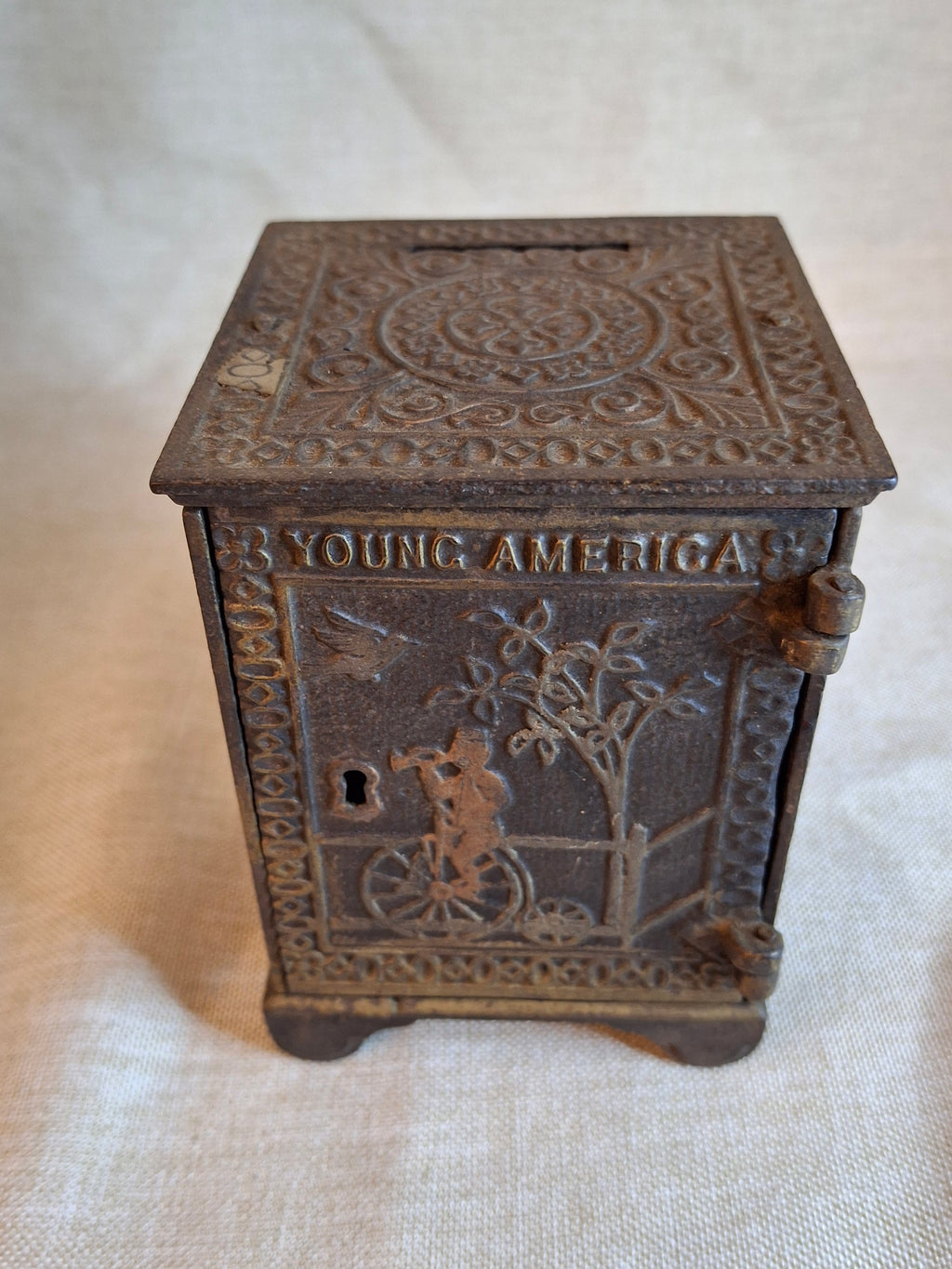 Antique Young America Cast Iron Safe Still Bank Penny Farthing Bicycle J. & E. Stevens c. 1880s