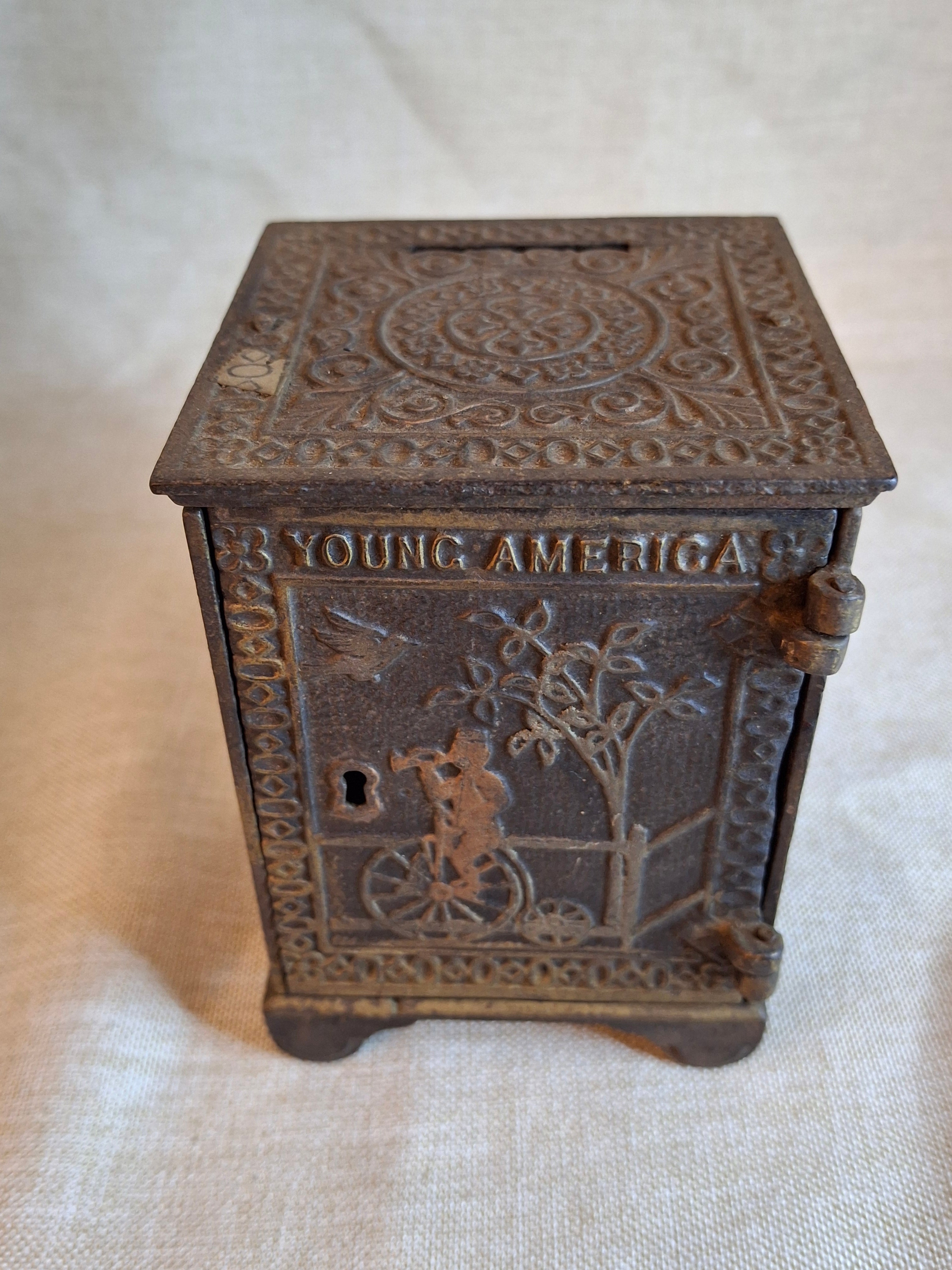 Antique Young America Cast Iron Safe Still Bank Penny Farthing Bicycle J. & E. Stevens c. 1880s