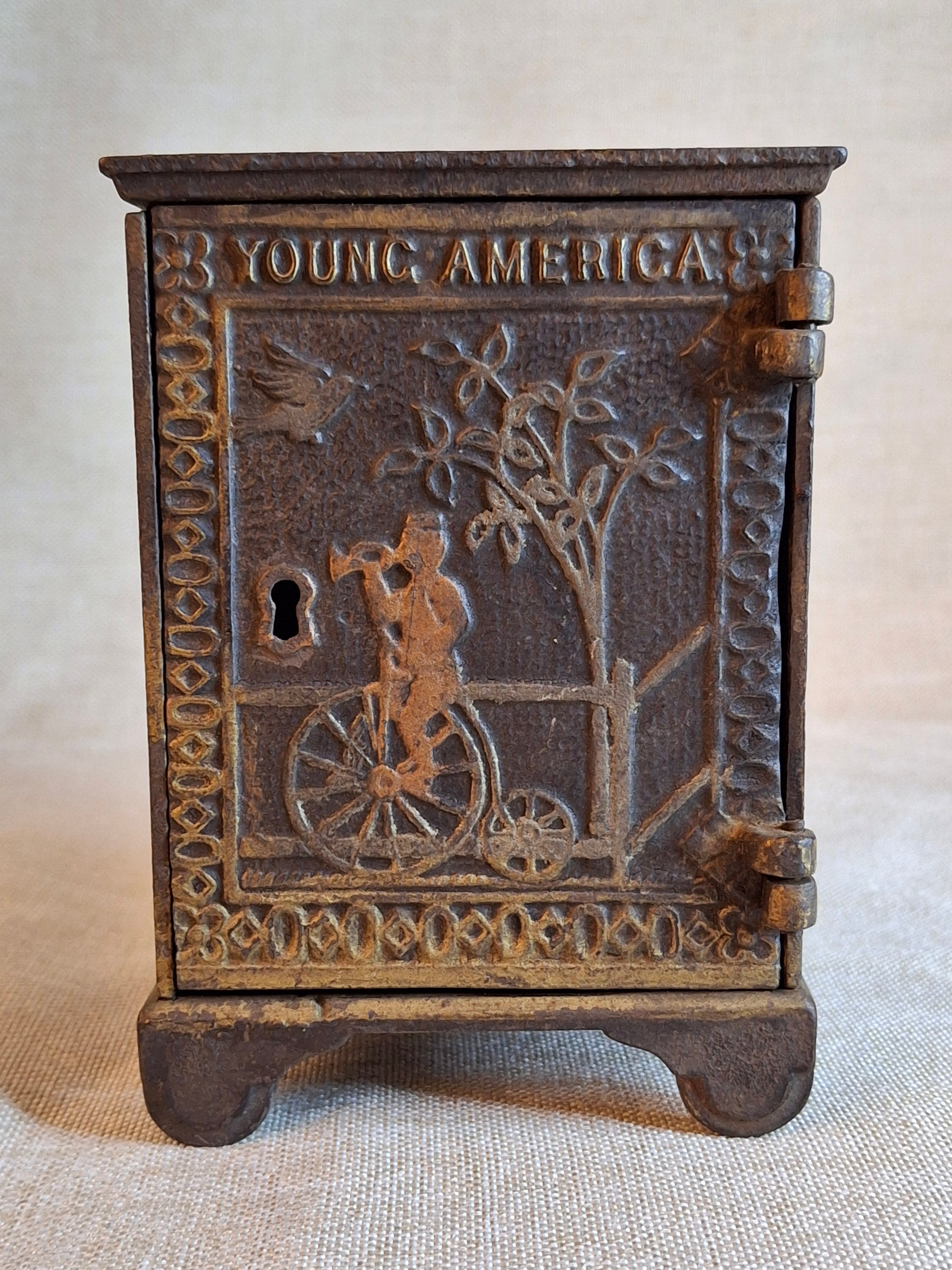 Antique Young America Cast Iron Safe Still Bank Penny Farthing Bicycle J. & E. Stevens c. 1880s