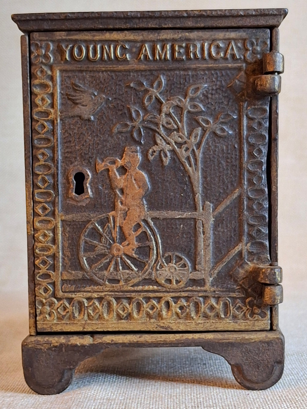 Antique Young America Cast Iron Safe Still Bank Penny Farthing Bicycle J. & E. Stevens c. 1880s