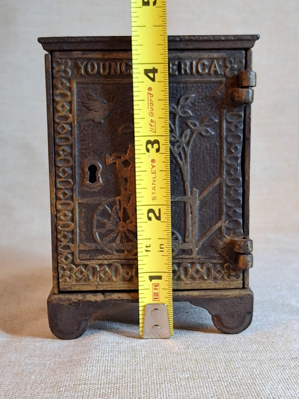 Antique Young America Cast Iron Safe Still Bank Penny Farthing Bicycle J. & E. Stevens c. 1880s