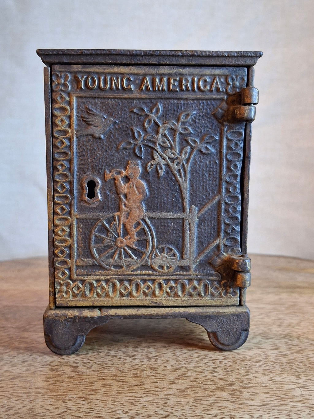 Antique Young America Cast Iron Safe Still Bank Penny Farthing Bicycle J. & E. Stevens c. 1880s