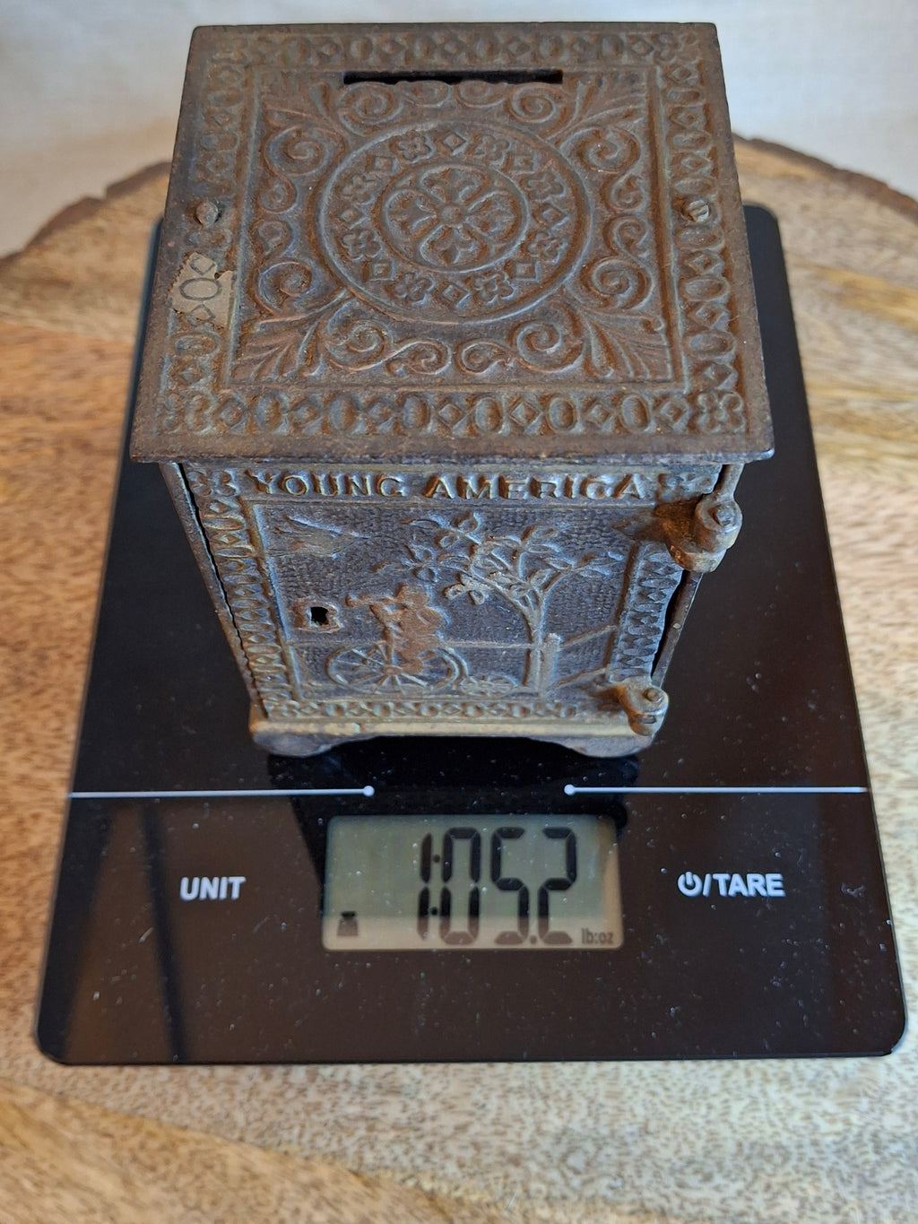 Antique Young America Cast Iron Safe Still Bank Penny Farthing Bicycle J. & E. Stevens c. 1880s