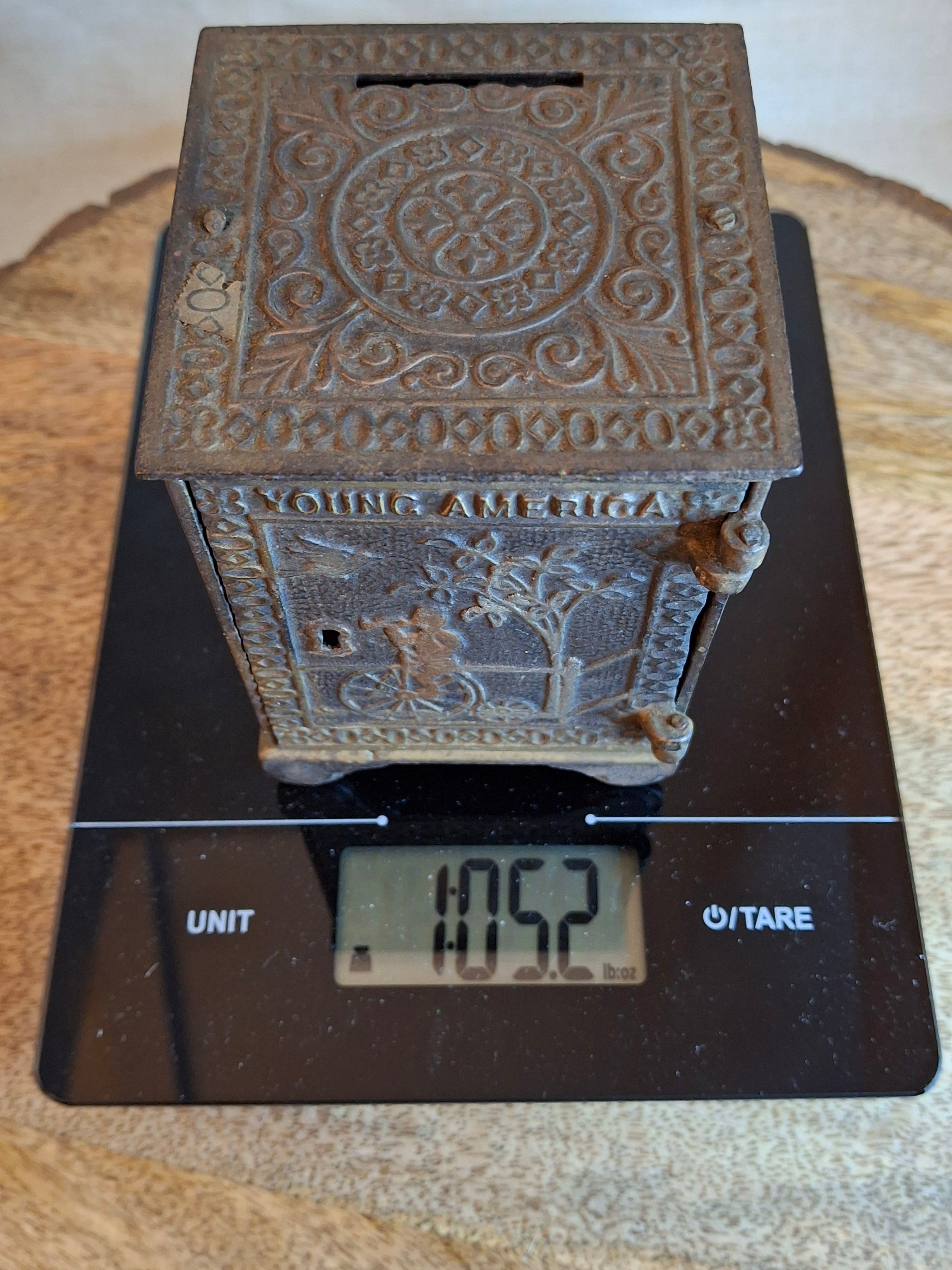Antique Young America Cast Iron Safe Still Bank Penny Farthing Bicycle J. & E. Stevens c. 1880s