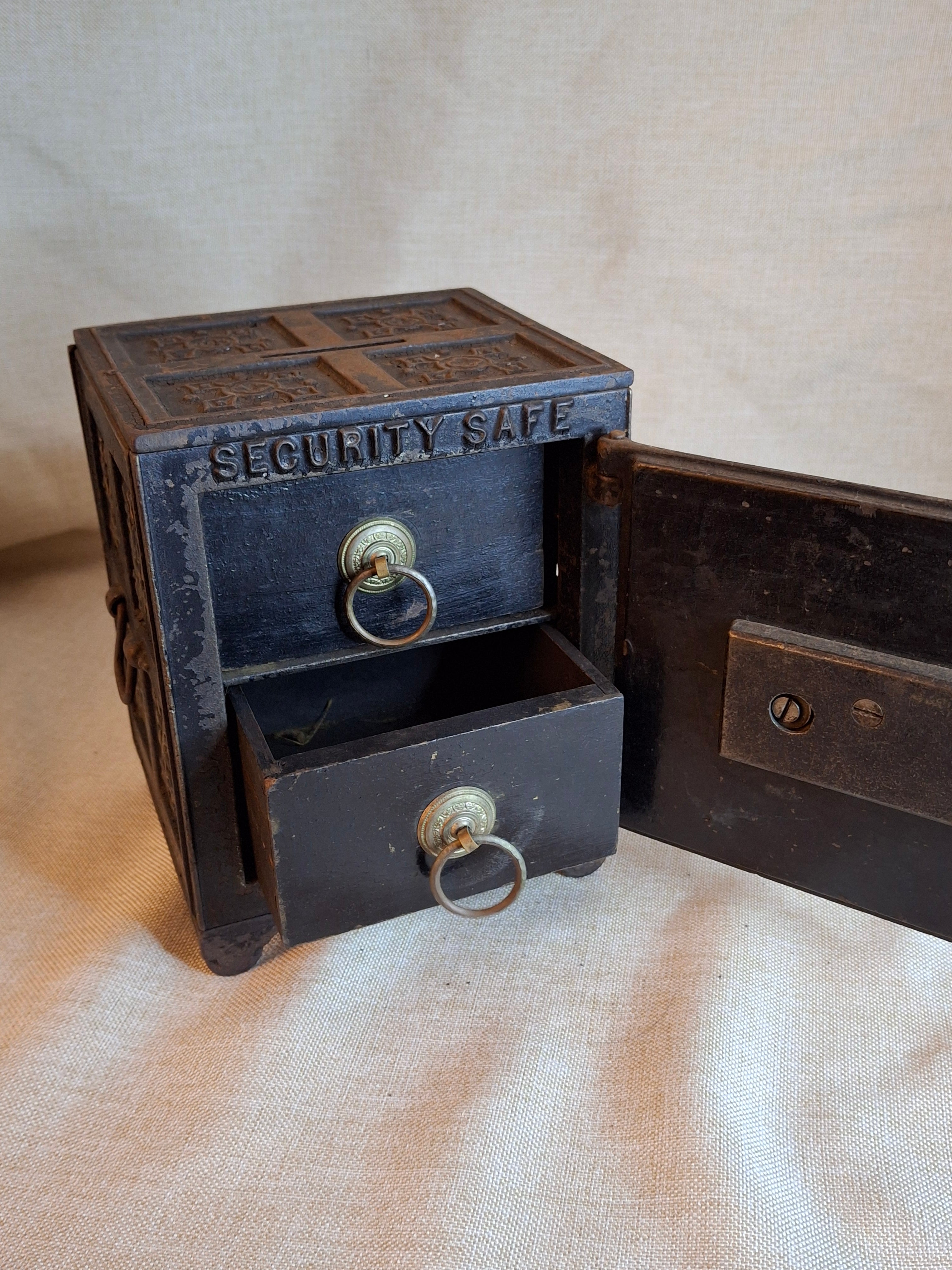 Antique Cast Iron SECURITY SAFE DEPOSIT Bank Triple Combination Drawers 1887 Pat