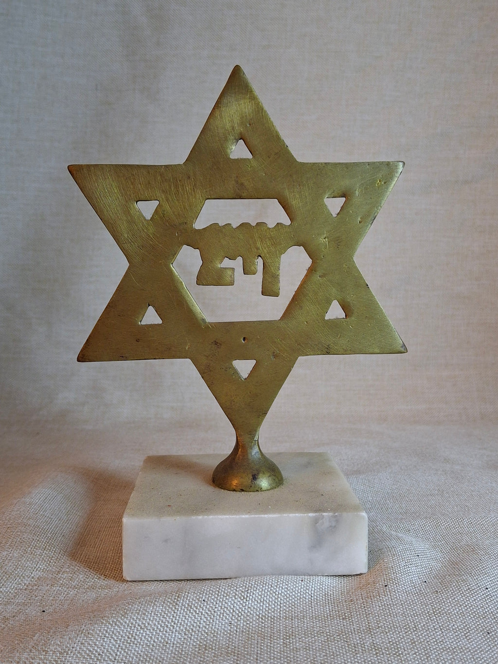 Vintage Israeli Brass Star of David Sculpture with Hebrew "Tzion" on Marble Base