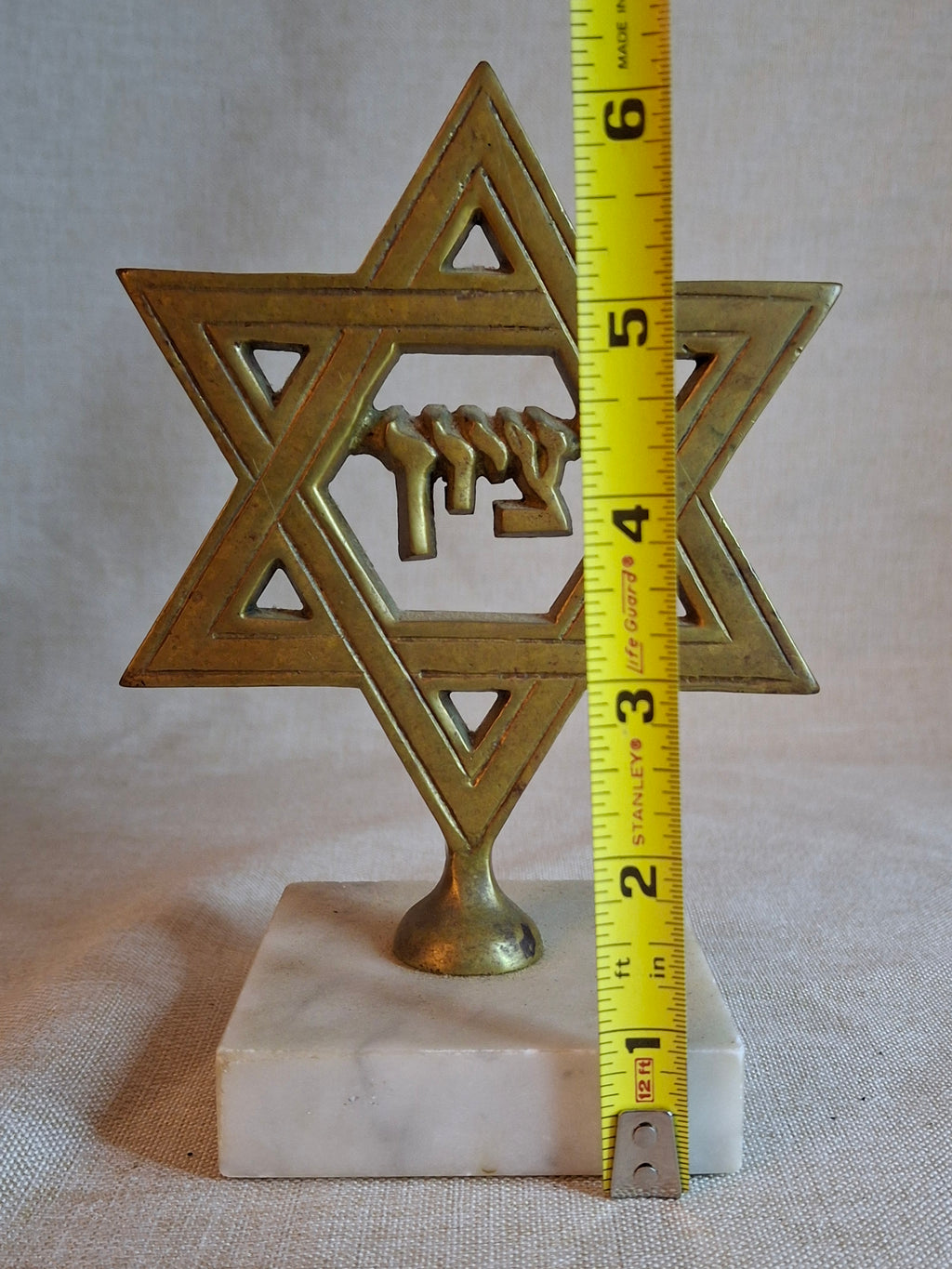 Vintage Israeli Brass Star of David Sculpture with Hebrew "Tzion" on Marble Base
