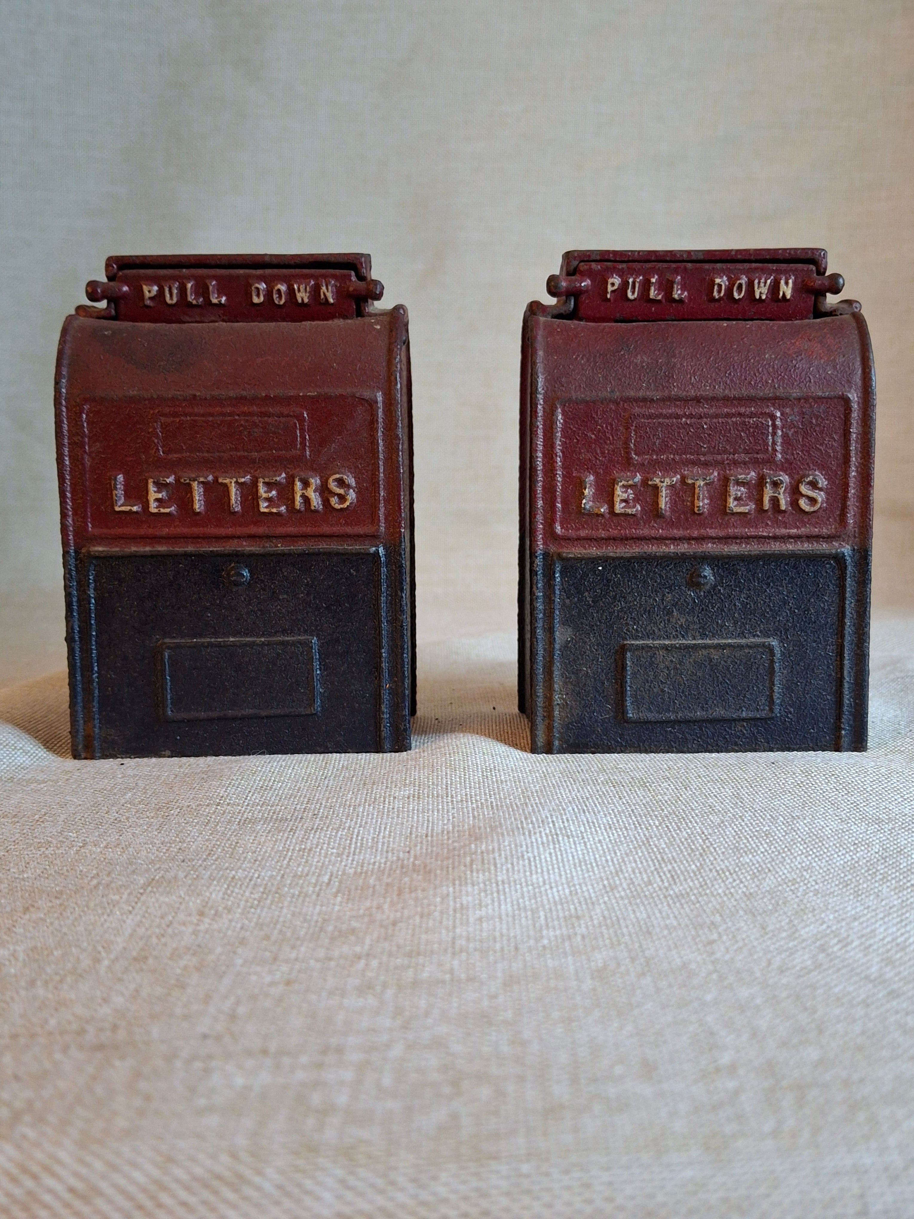 Vintage Pair of John Wright Cast Iron Mailbox Still Banks | Red & Black Pull Down Letters | Mid-Century Cast Iron Decor