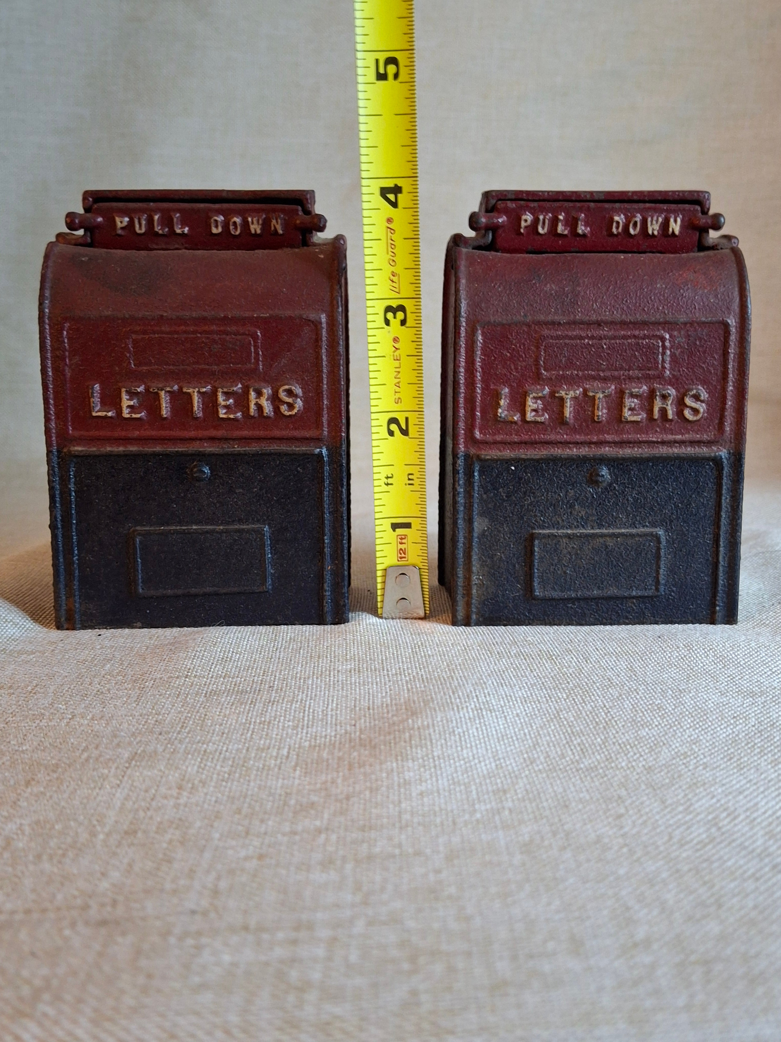 Vintage Pair of John Wright Cast Iron Mailbox Still Banks | Red & Black Pull Down Letters | Mid-Century Cast Iron Decor