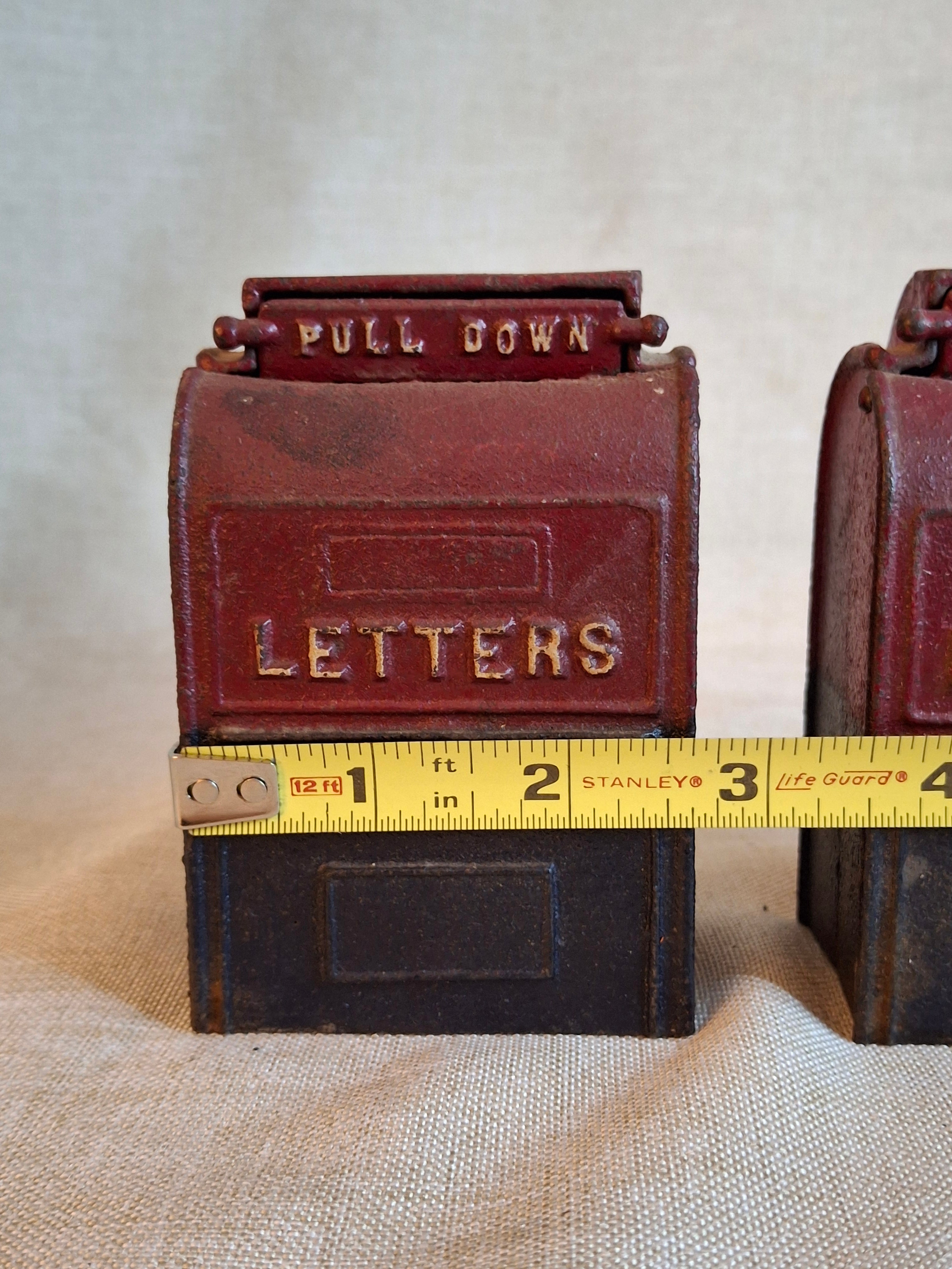 Vintage Pair of John Wright Cast Iron Mailbox Still Banks | Red & Black Pull Down Letters | Mid-Century Cast Iron Decor