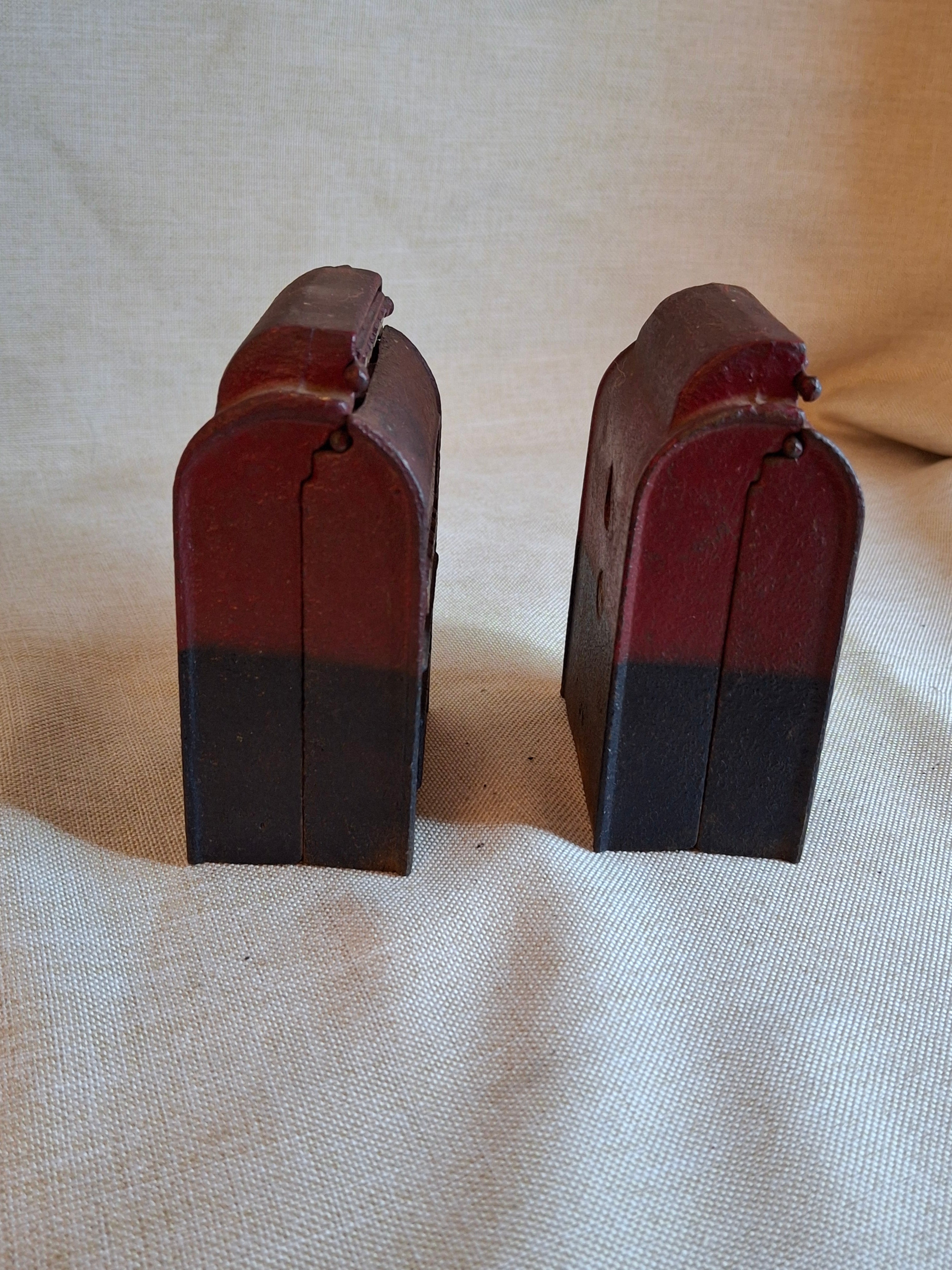 Vintage Pair of John Wright Cast Iron Mailbox Still Banks | Red & Black Pull Down Letters | Mid-Century Cast Iron Decor