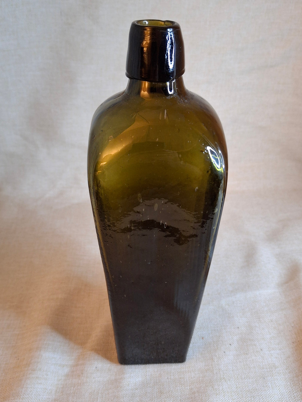Antique Olive Green Blown Glass Case Gin Bottle Tapered 19th Century Applied Lip
