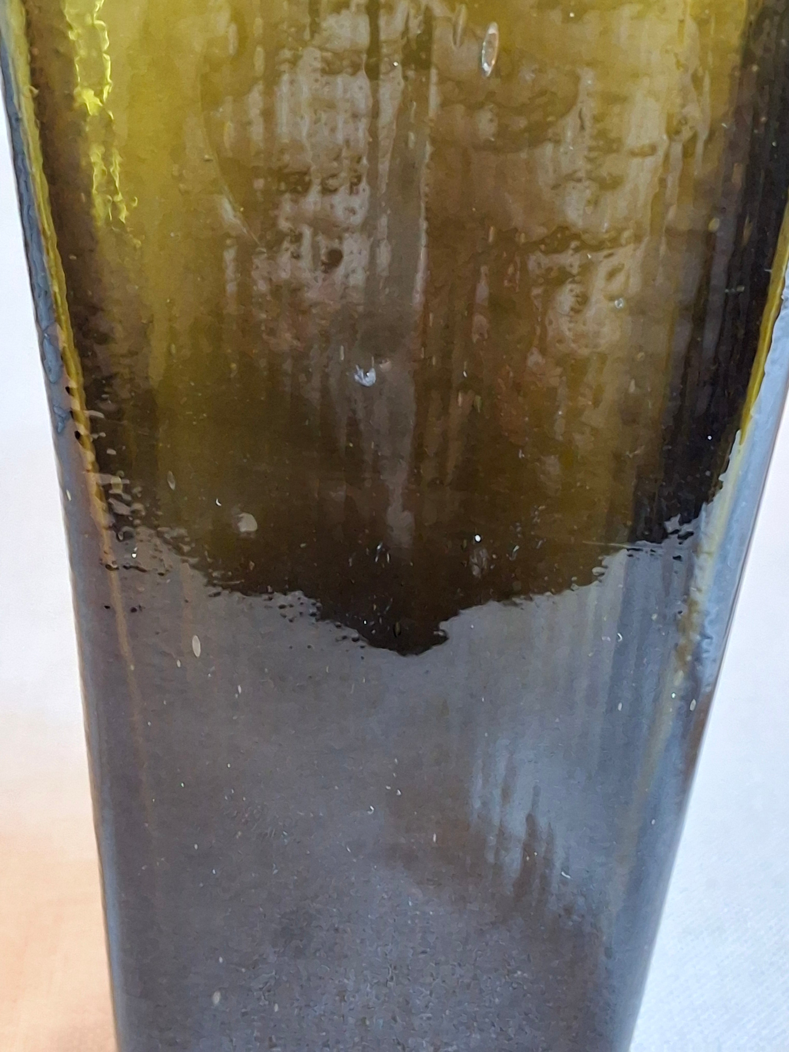 Antique Olive Green Blown Glass Case Gin Bottle Tapered 19th Century Applied Lip