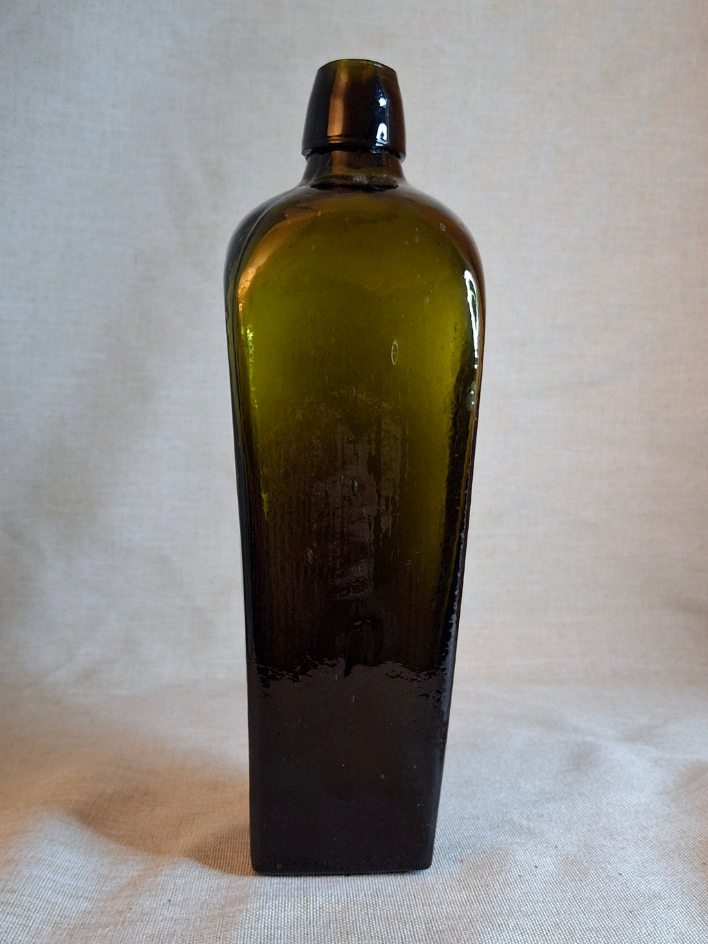 Antique Olive Green Blown Glass Case Gin Bottle Tapered 19th Century Applied Lip
