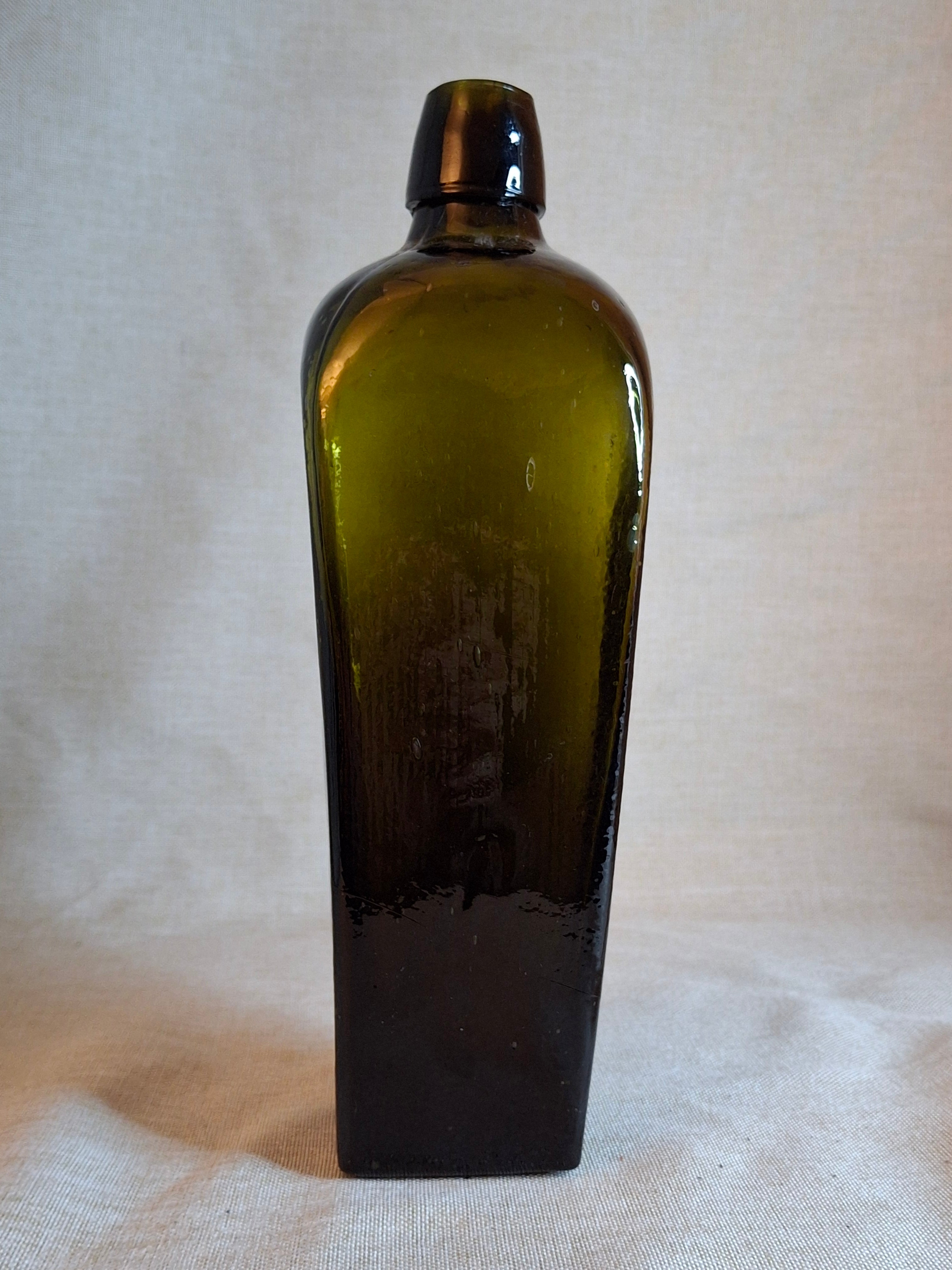 Antique Olive Green Blown Glass Case Gin Bottle Tapered 19th Century Applied Lip