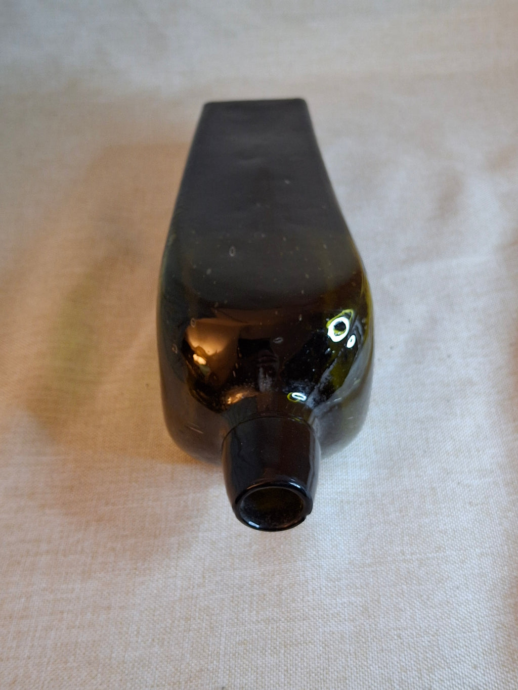 Antique Olive Green Blown Glass Case Gin Bottle Tapered 19th Century Applied Lip