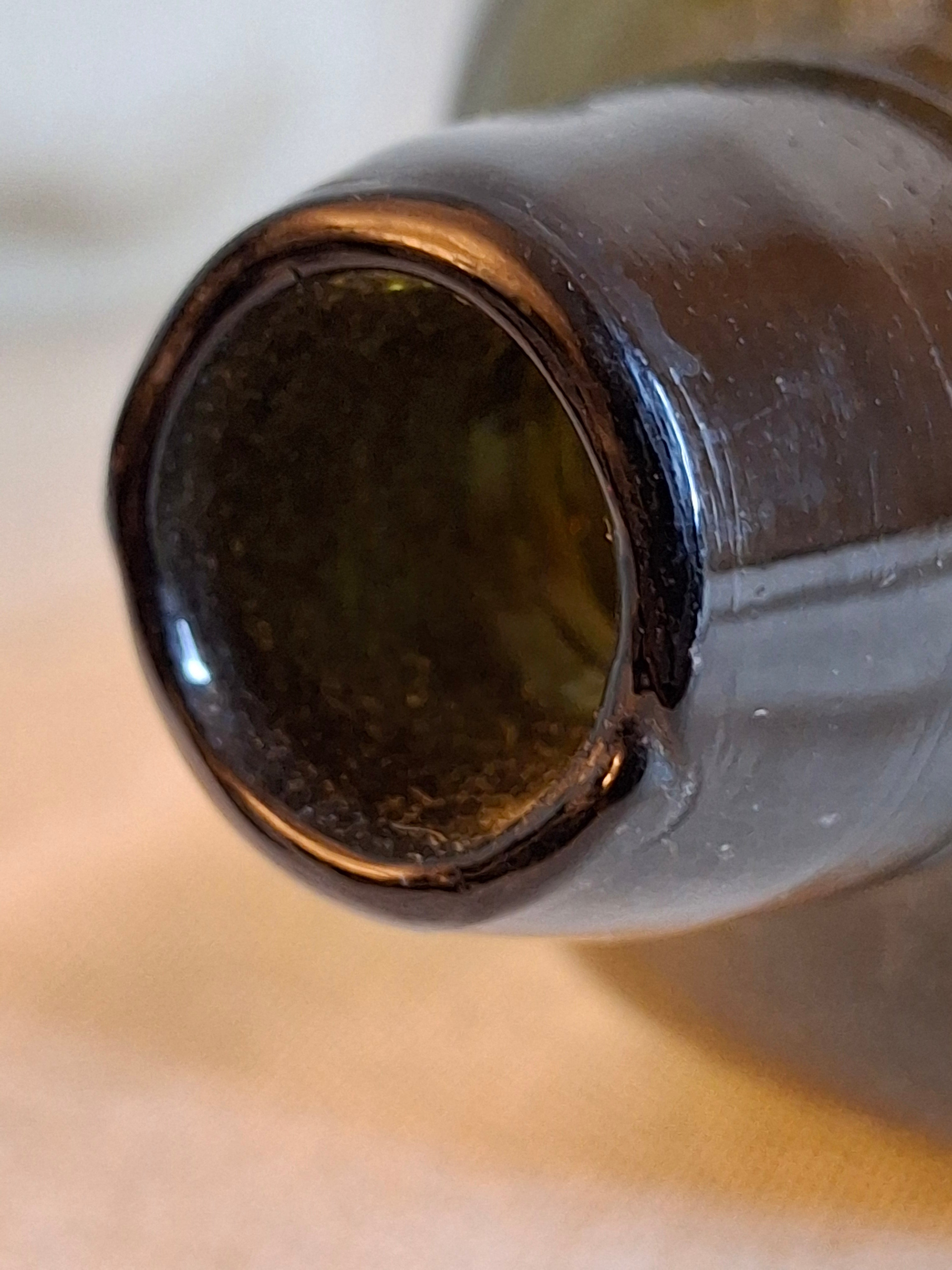 Antique Olive Green Blown Glass Case Gin Bottle Tapered 19th Century Applied Lip