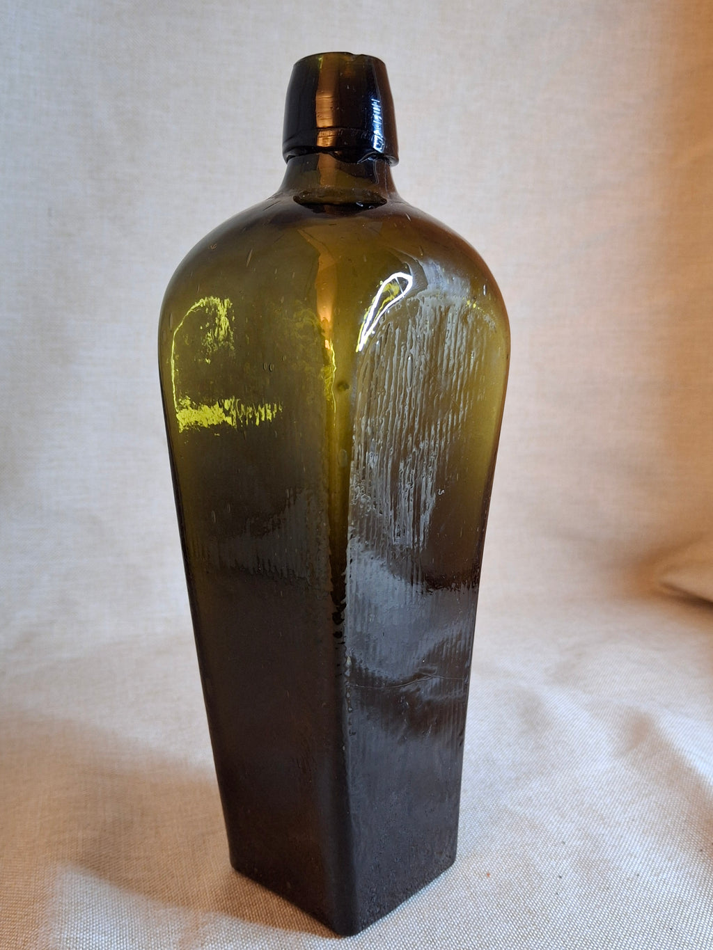 Antique Olive Green Blown Glass Case Gin Bottle Tapered 19th Century Applied Lip