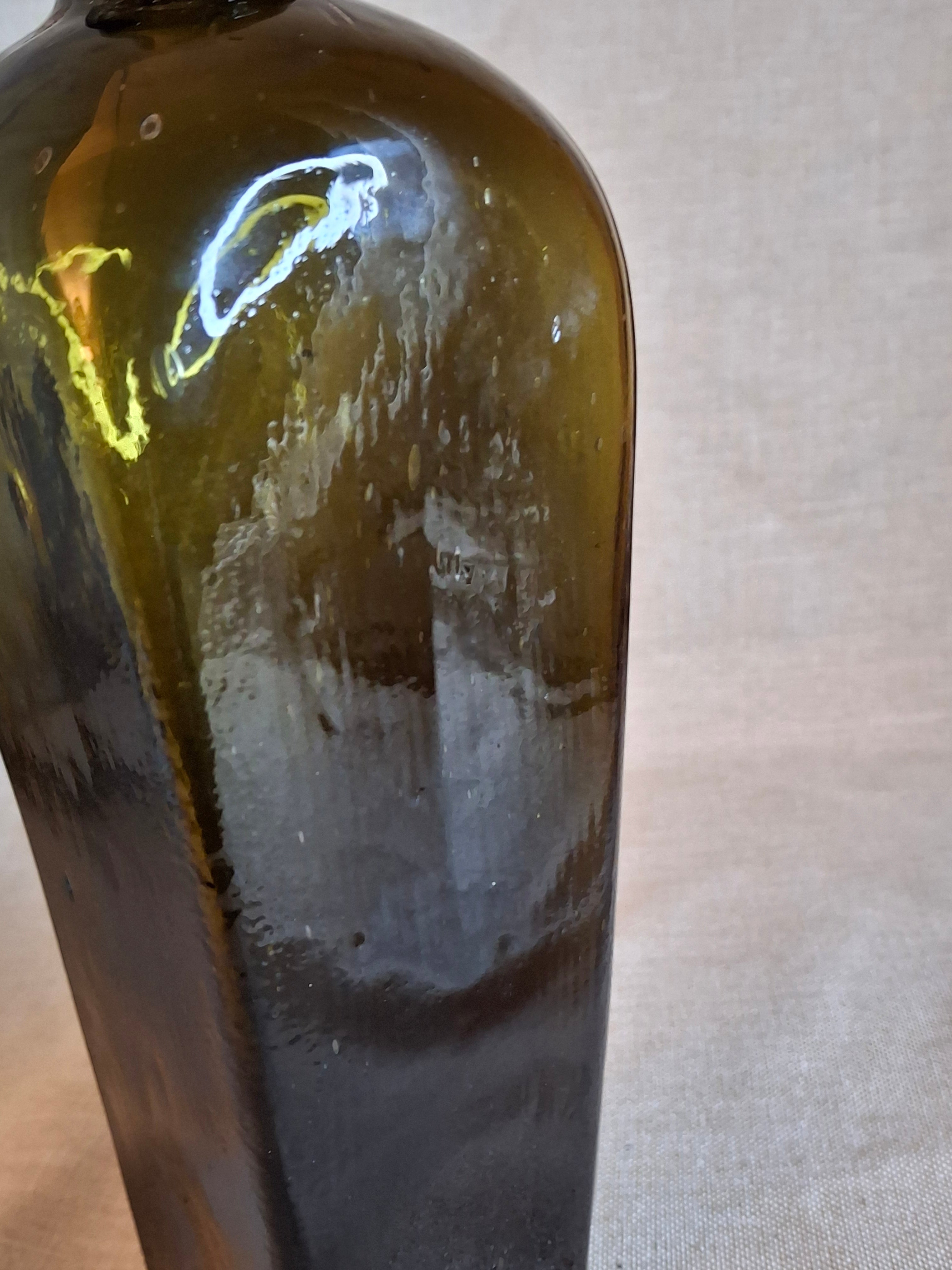Antique Olive Green Blown Glass Case Gin Bottle Tapered 19th Century Applied Lip