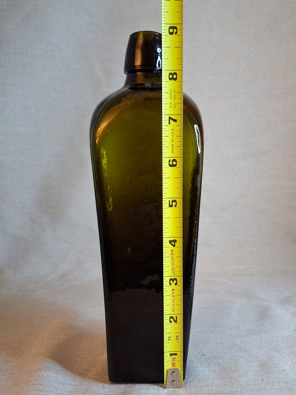 Antique Olive Green Blown Glass Case Gin Bottle Tapered 19th Century Applied Lip