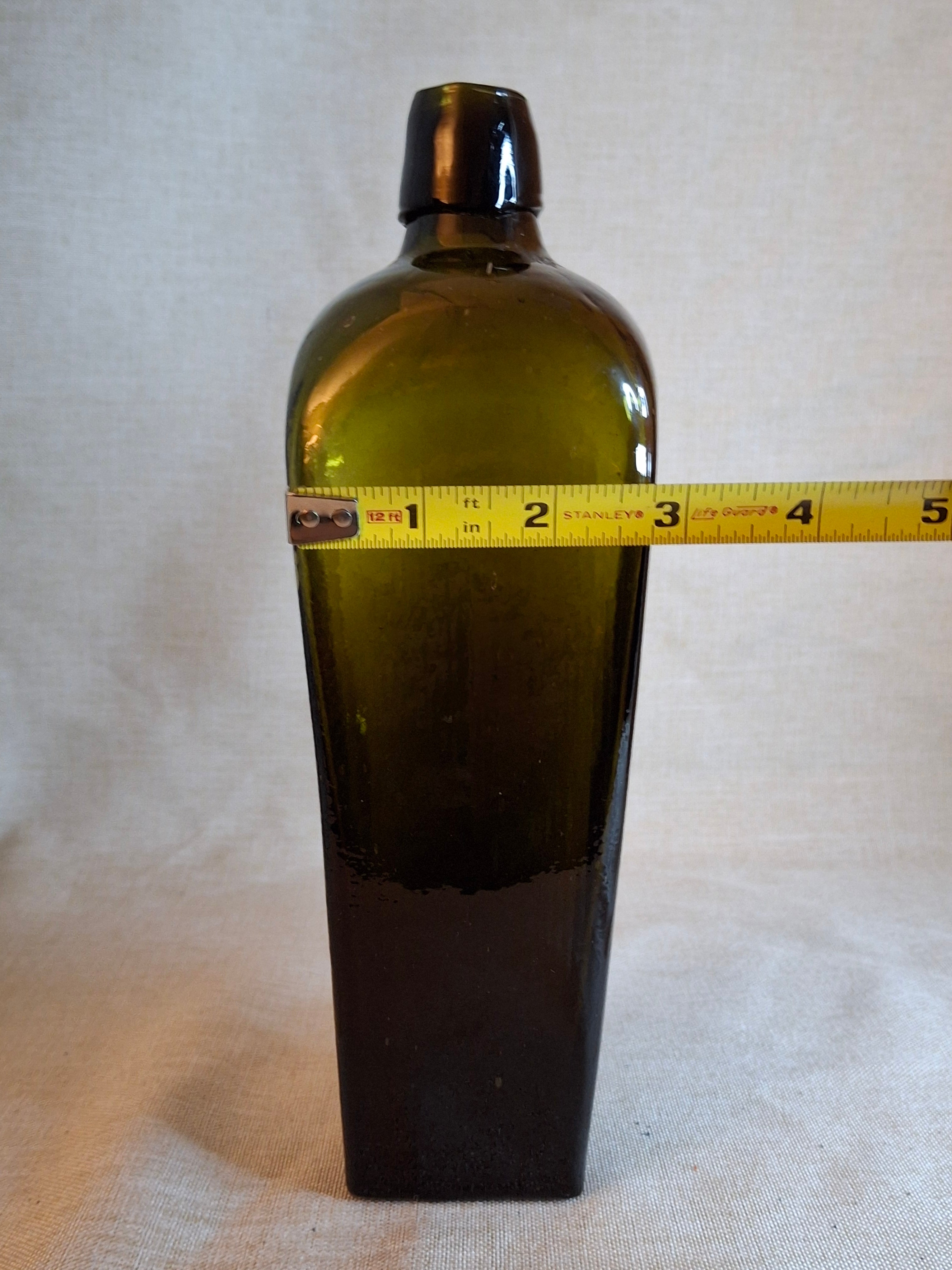 Antique Olive Green Blown Glass Case Gin Bottle Tapered 19th Century Applied Lip