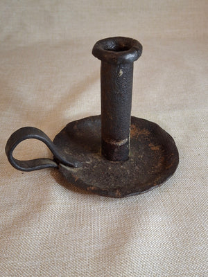 18th of Early 19th Century Hand Forged Iron Chamberstick Candle Holder Primitive Folk Art Lighting