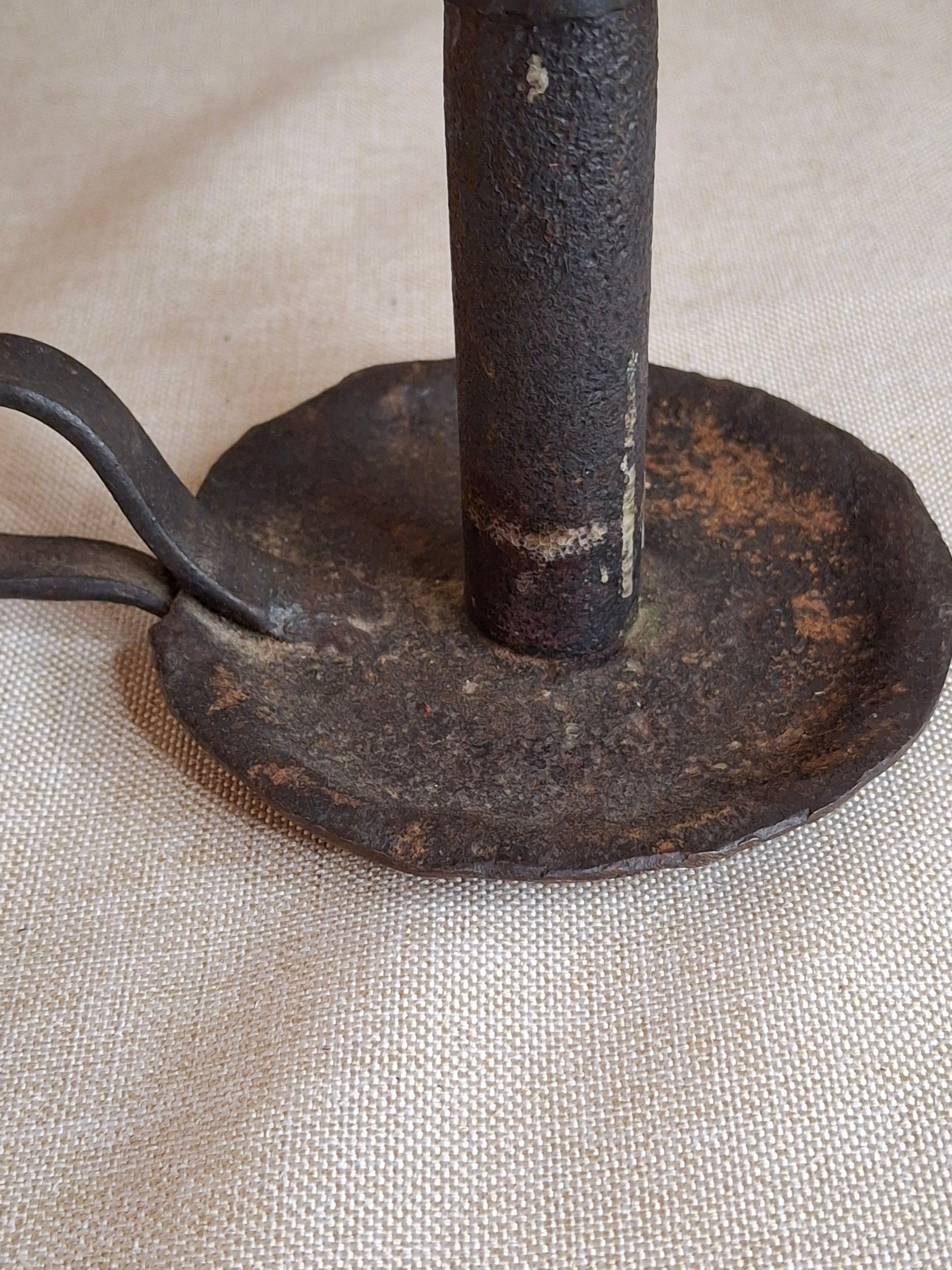 Early Hand Forged Iron Chamberstick Candle Holder Primitive Folk Art Lighting