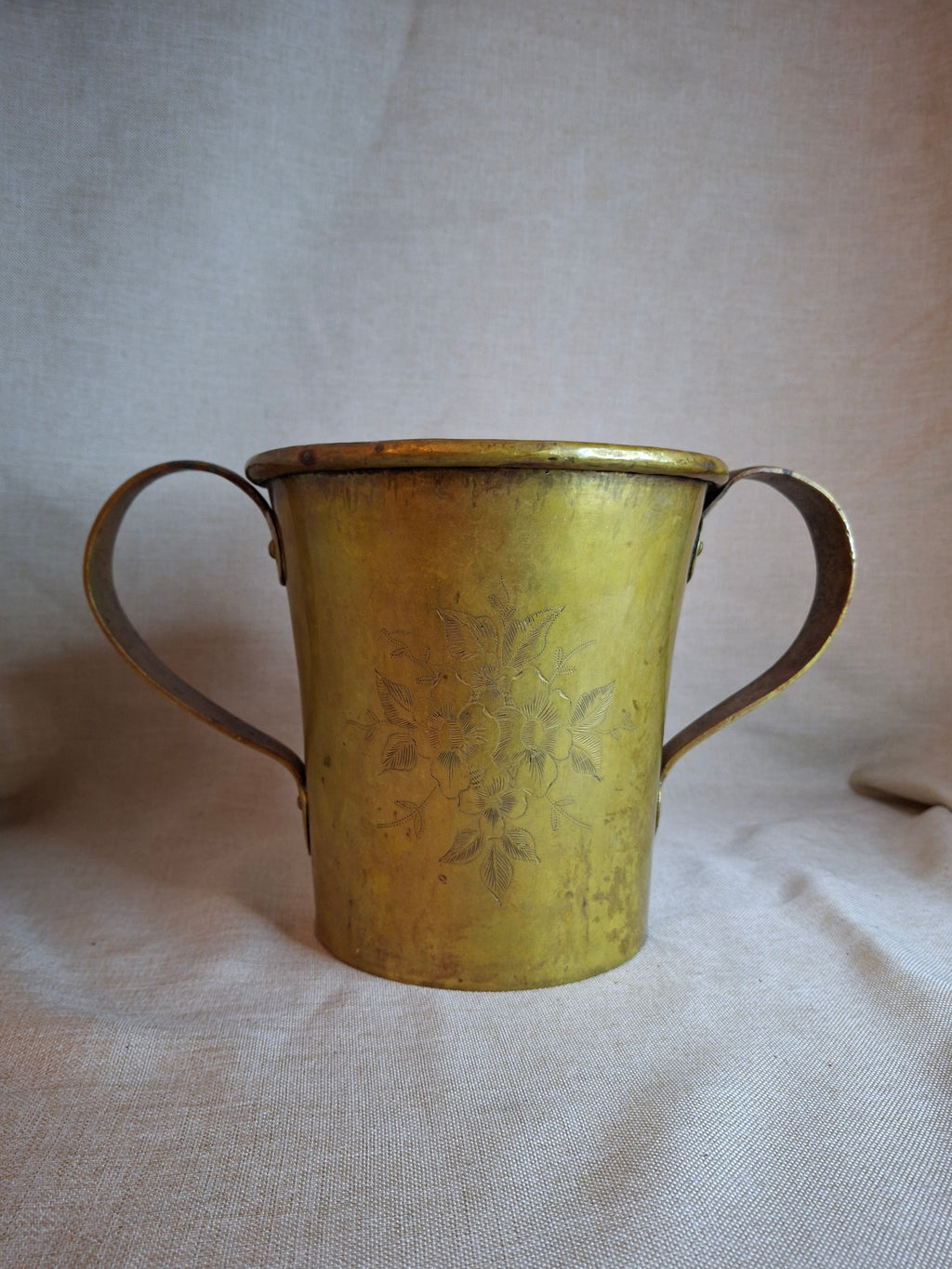 Antique Hand-Engraved Brass Two-Handled Vessel | Ornate Floral Netilat Yadayim / Loving Cup