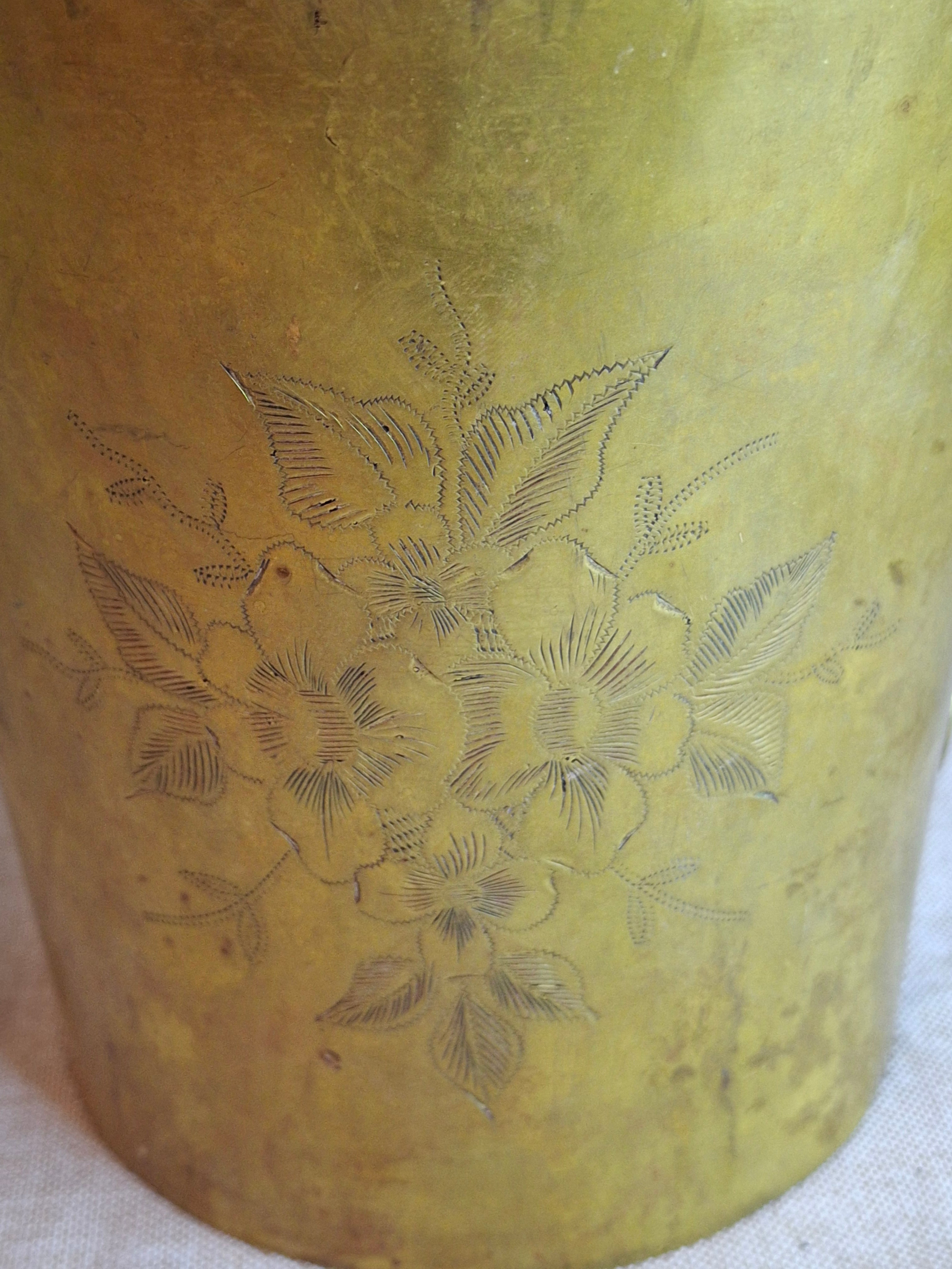 Antique Hand-Engraved Brass Two-Handled Vessel | Ornate Floral Netilat Yadayim / Loving Cup