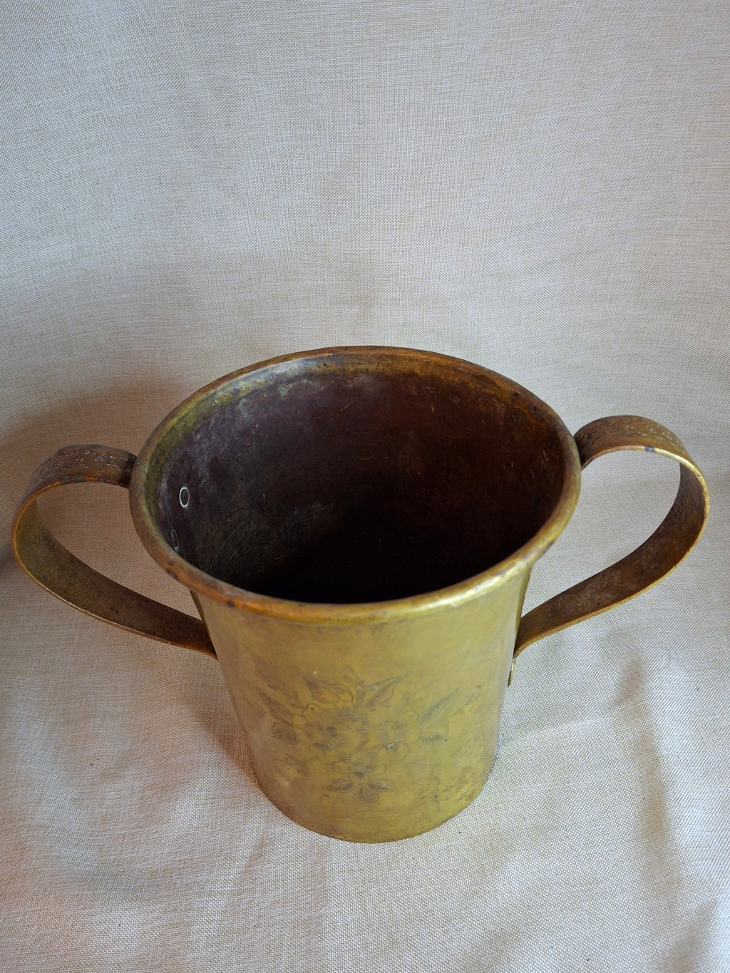 Antique Hand-Engraved Brass Two-Handled Vessel | Ornate Floral Netilat Yadayim / Loving Cup