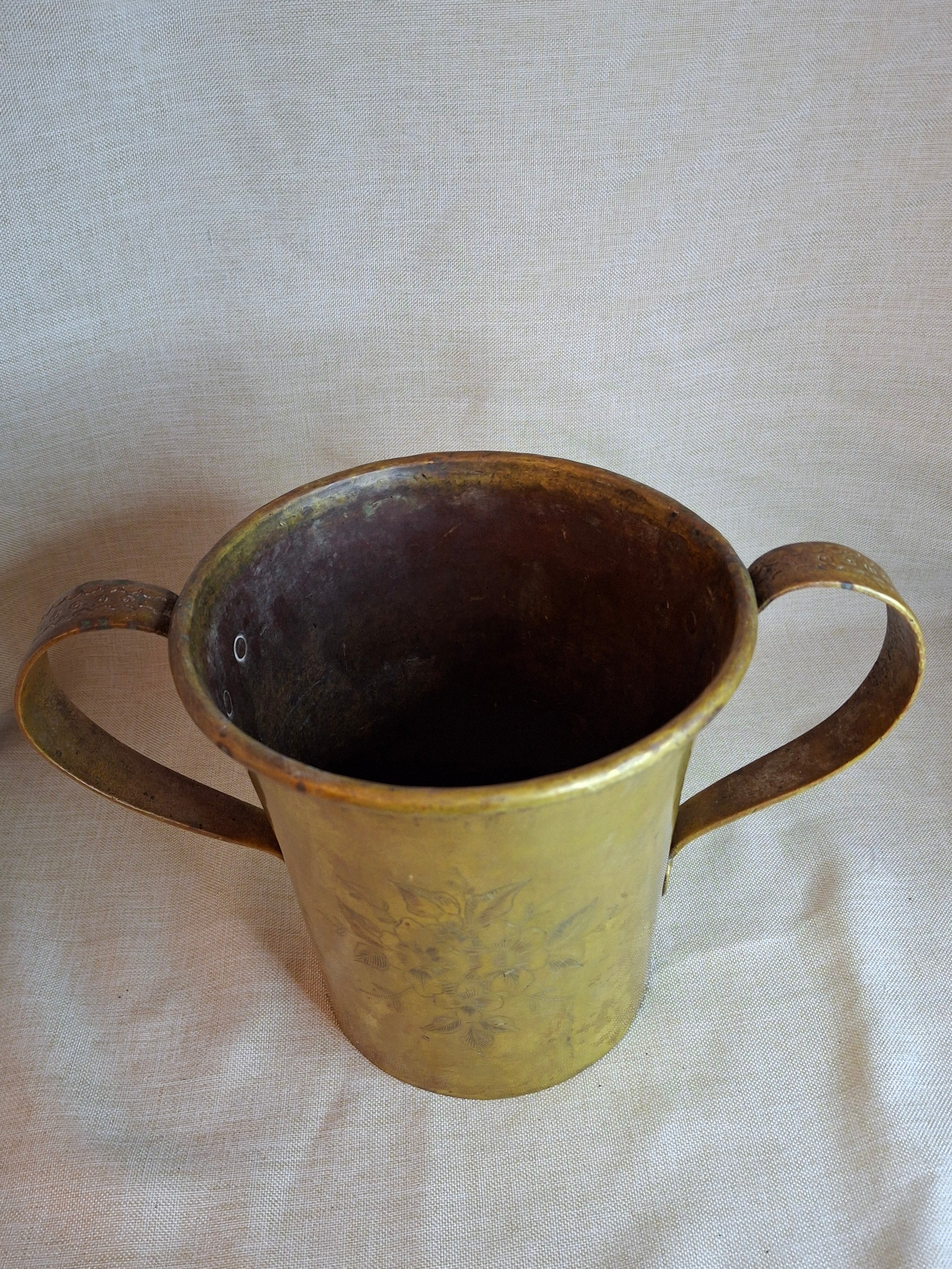 Antique Hand-Engraved Brass Two-Handled Vessel | Ornate Floral Netilat Yadayim / Loving Cup