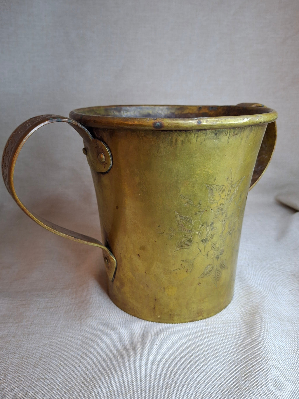 Antique Hand-Engraved Brass Two-Handled Vessel | Ornate Floral Netilat Yadayim / Loving Cup